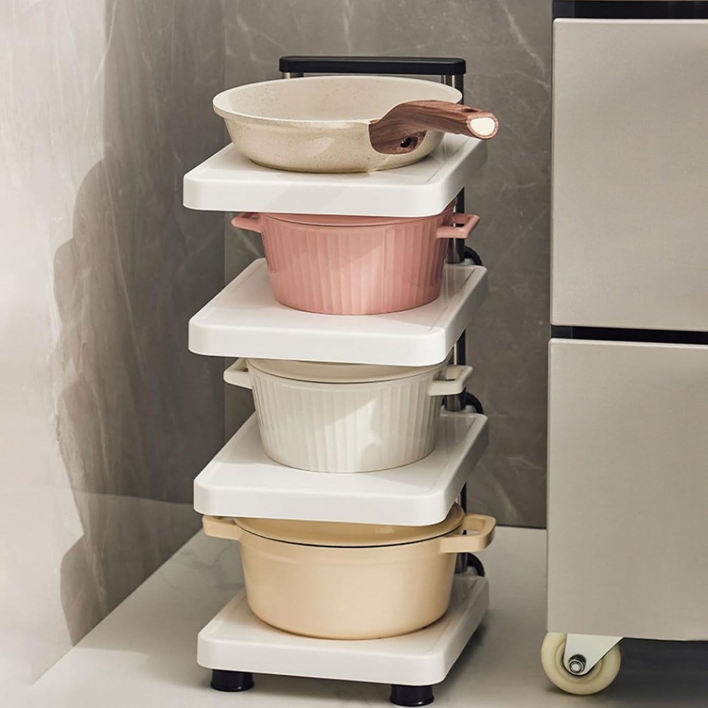 Multifunctional Pan Pot Rack, Pots and Pans Organizer,Cabinet pots and pan organizer,4 Tier Adjustable Pan Organzier Rack Space Saving Kitchen Storage