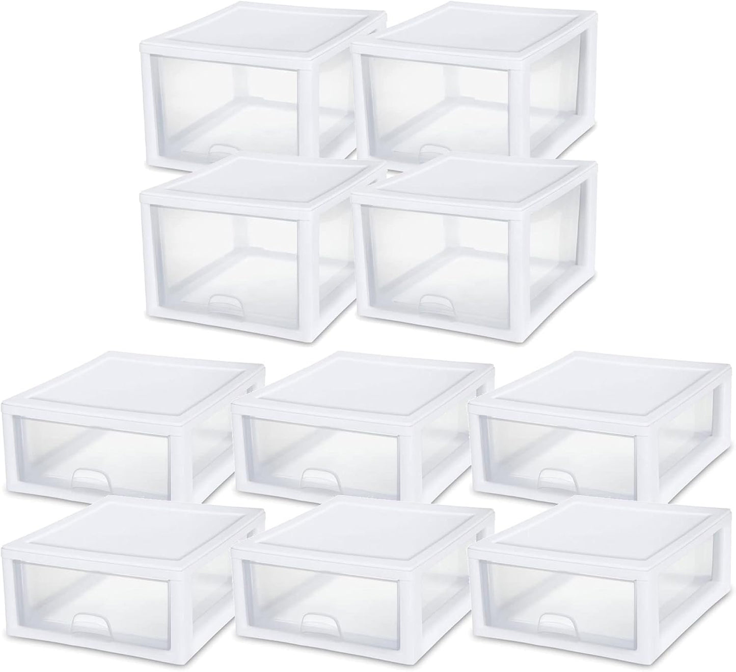 Sterilite 27 Qt (4 Pack) and 16 Qt (6 Pack) Clear Plastic Stackable Organizer Drawers, White
