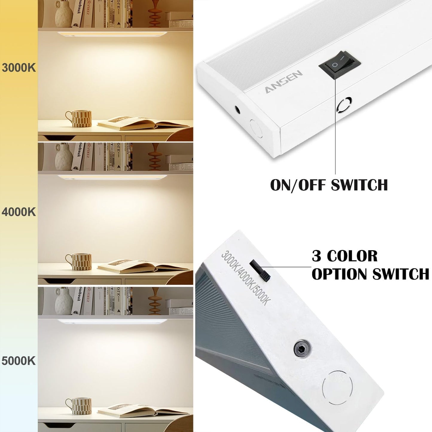 Ansen 3Packs of Under Cabinet Lights for Kitchen, 24in 18W 1237LM, Dimmable Hardwire Led Light for Closet, CRI>92, R9>90, 3 Color Temperature 3000K/4000K/5000K(Warm White, Cool White, Daylight)