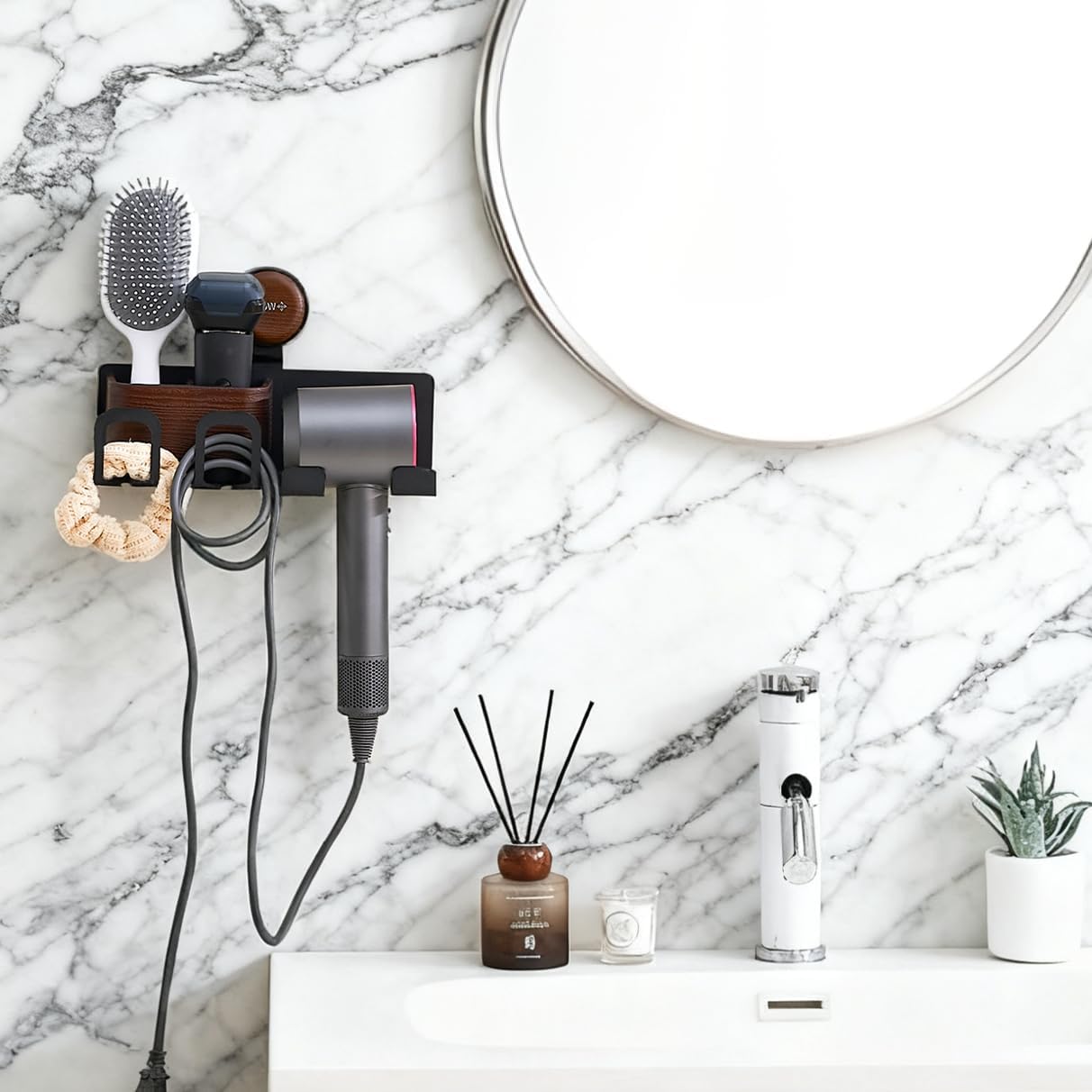 Hair Dryer Holder Wall Mount with Suction Cup, No-Drill Metal Blow Dryer Holder, Hair Accessories Tools Organizer Rack with 3 Toothbrush Hanger & Shelf, Walnut Finish for Bathroom