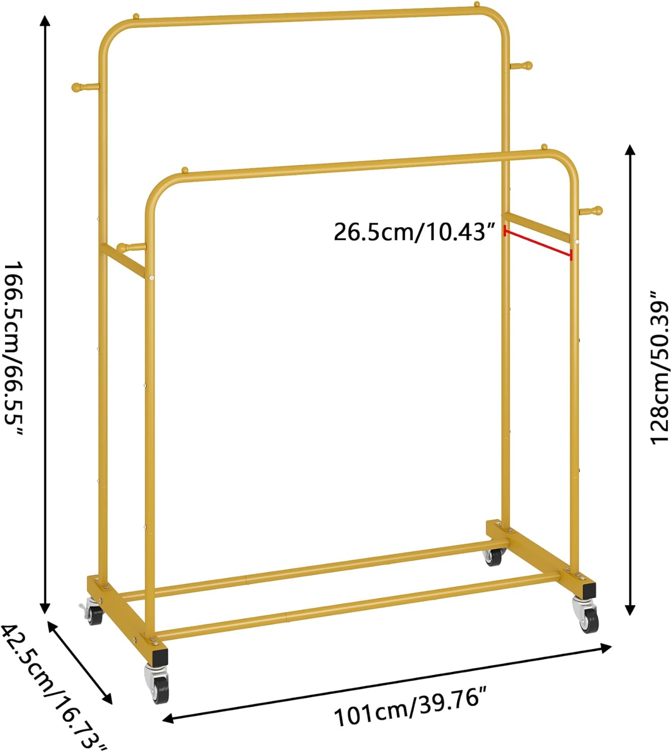 Laiensia Double Rods Garment Rack with Wheels, Clothing Rack for Hanging Clothes,4 Hooks, Multi-functional Bedroom Clothes Rack, Gold