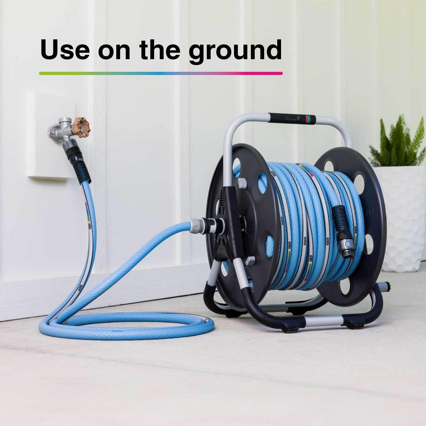 FITT Quantum durable, movable metal hose reel for floor or wall mounting, with durable, kink-proof and ultra-flexible NTS Water Hose 100-Feet x 5/8-Inch