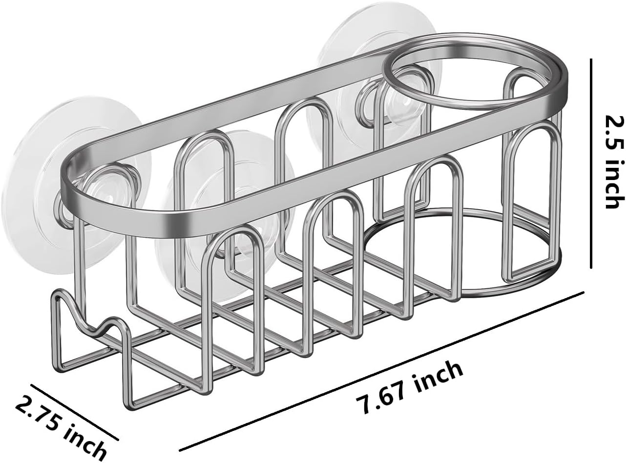 Sink Caddy Sponge Holder for Kitchen Sink 2 Suspension Options(Suction Cups and Adhesive Hook), SUS304 Stainless Steel, Silver