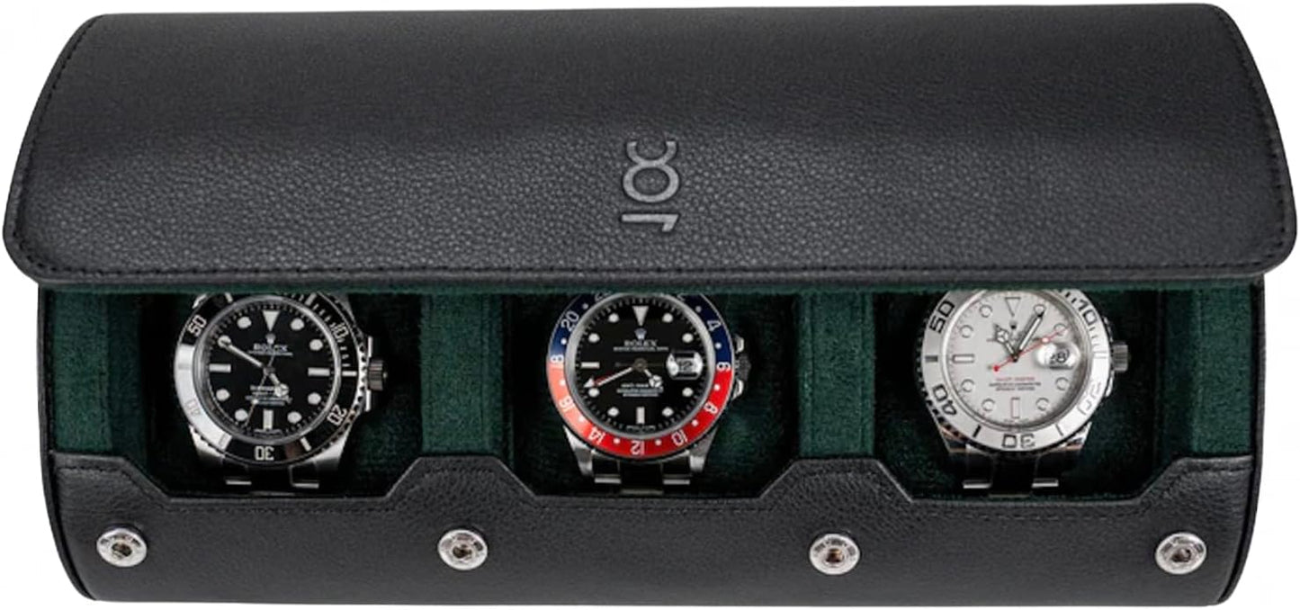 DailyWatch | Watch Roll Travel Case For 3 Watch | Luxury Watch Case In Genuine Black Leather With Soft Velvet Interior | Watch Case Protect, Store, & Display Your Watches | Black Green