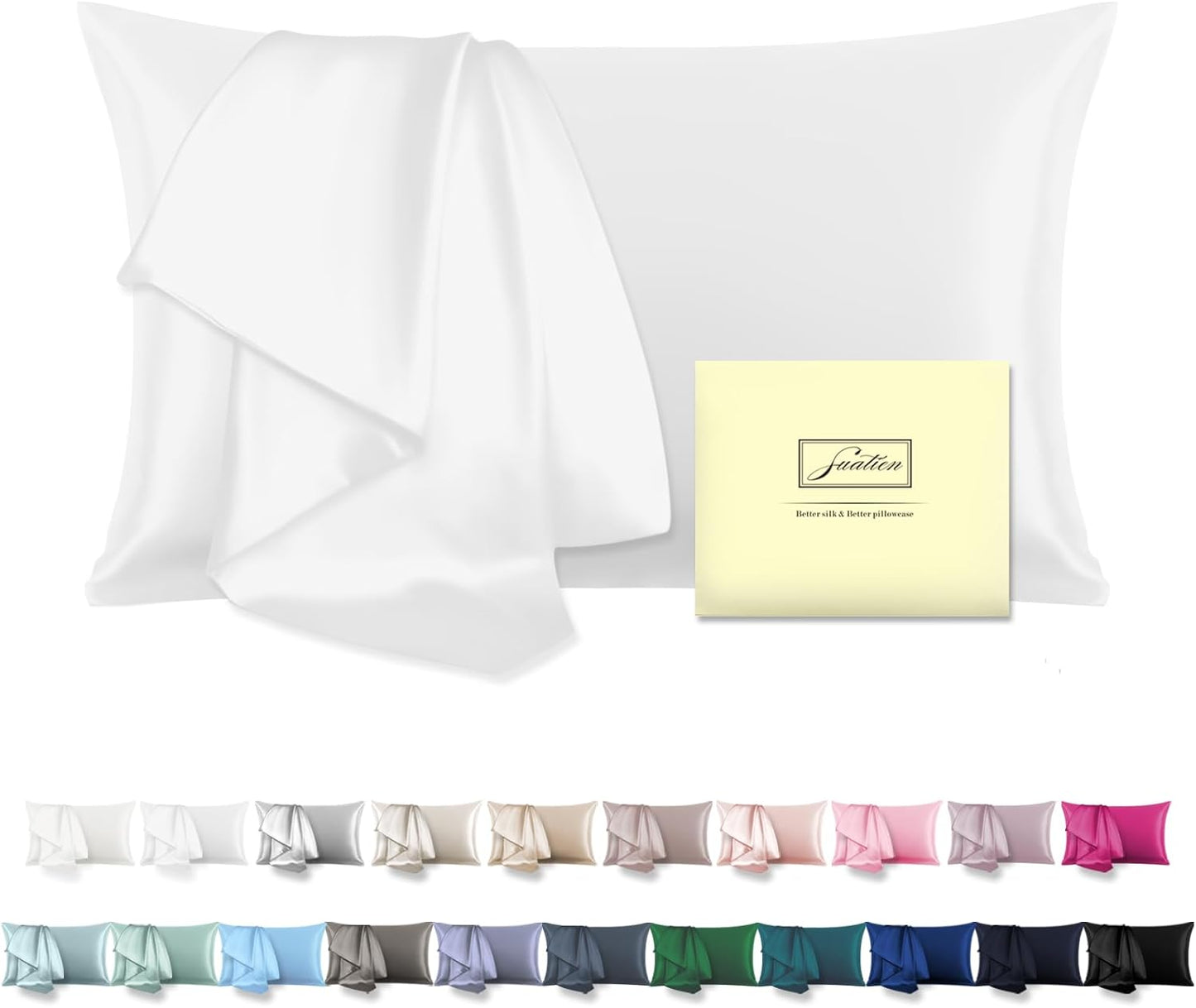 SUATIEN Mulberry Silk Pillow Cases Standard Size Silk Pillowcase for Hair and Skin with Zipper Soft Breathable Smooth Cooling Silk Pillow Case for Sleeping,Gifts for Women (White,20"X 26",1Pcs)