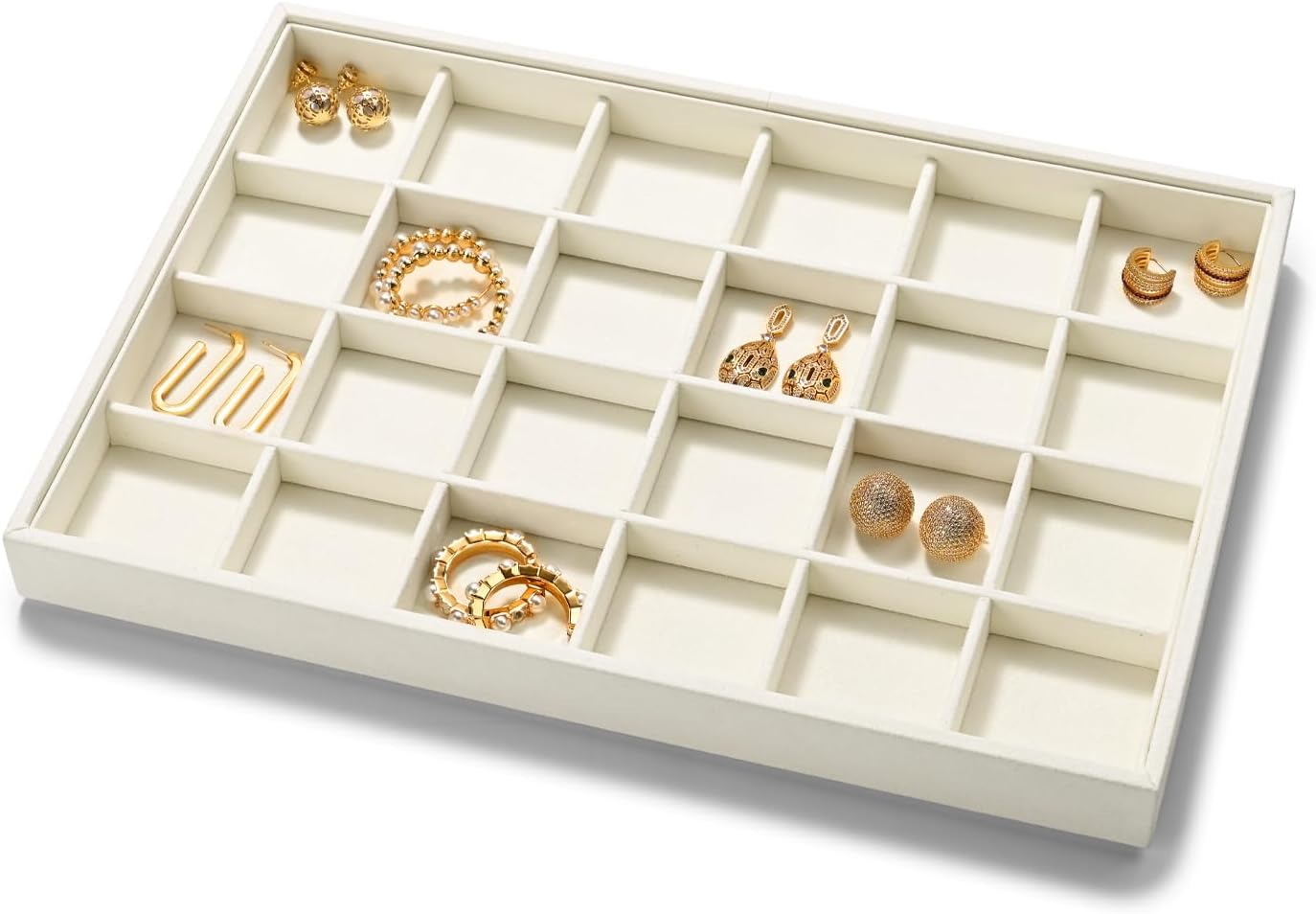 24 Grids Microfiber Jewelry Trays Ring Earrings Organizer Tray Stackable Jewelry Drawer Organizer(Beige)