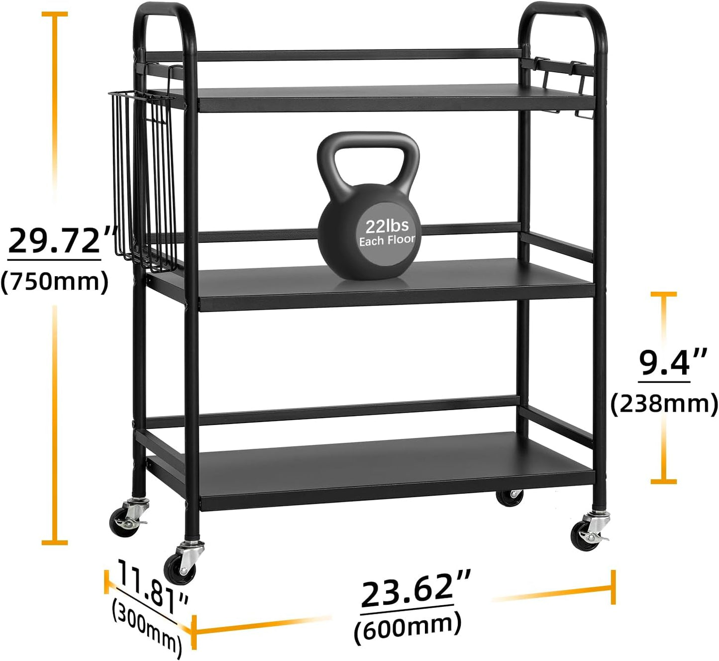 HDANI 3 Tier Metal Rolling Utility Cart,High Capacity Multi Purpose Heavy Duty Cart for Office,Kitchen,Living Room,Bedroom,Black