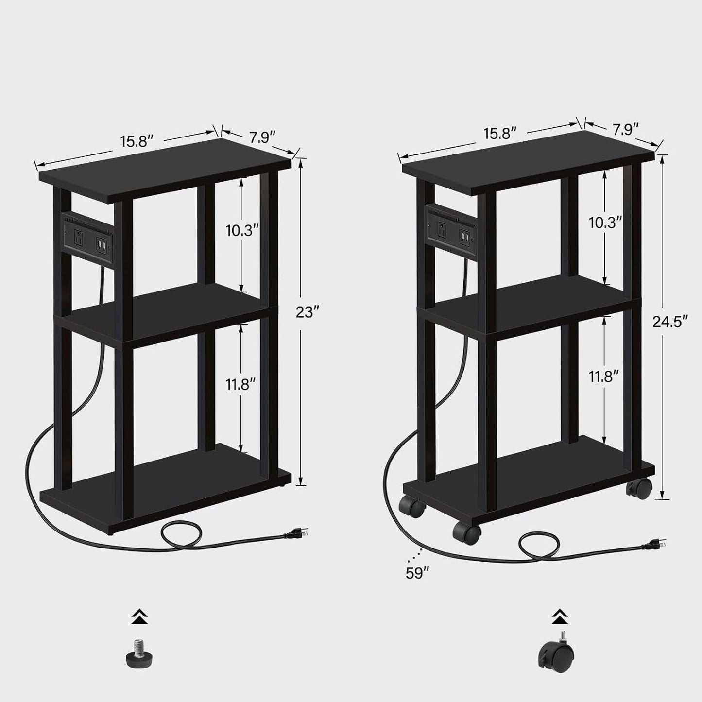TUTOTAK Small Narrow Side Table with Charging Station, Set of 2 Skinny End Table for Small Spaces, Slim Nightstand with USB Ports and Outlet,Sofa Beside Table with Wheels, Black TB01BK047