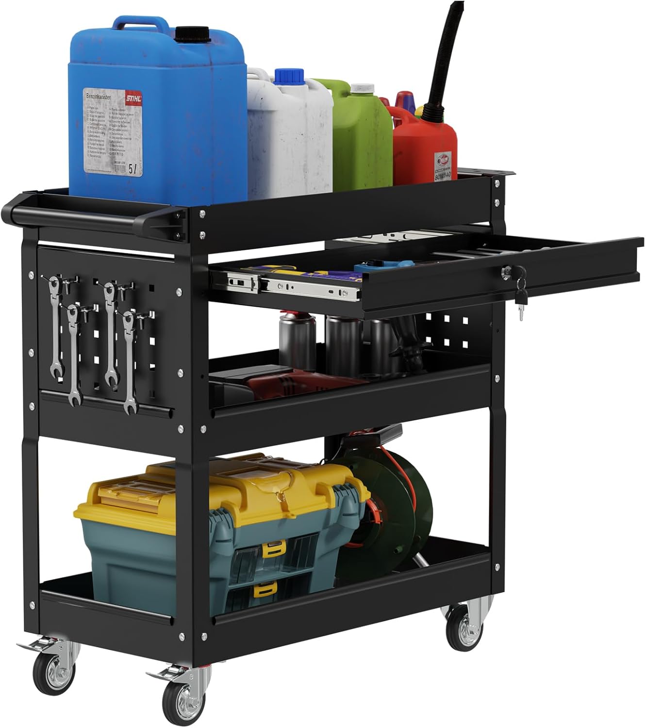 3 Tier Heavy Duty Tool Cart, Mechanic Metal Rolling Tool Cart 900 Lbs Work Cart with Locked Drawers & Pegboard for Garage Workshop