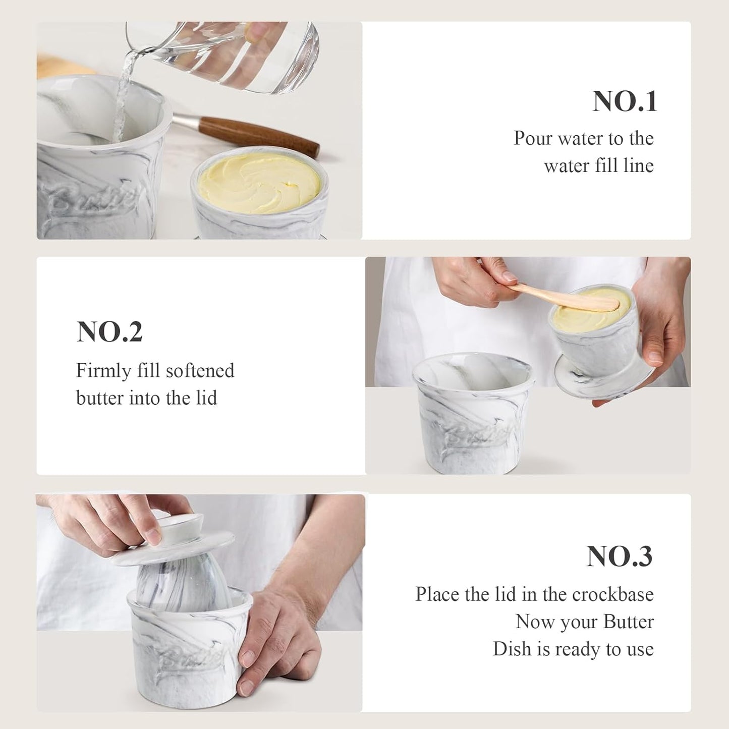 Butter Crock for Counter with Water, French Butter Keeper for Spreadable Butter Marble Ceramic Butter Dish with Lid for Countertop, Butter Container Holder
