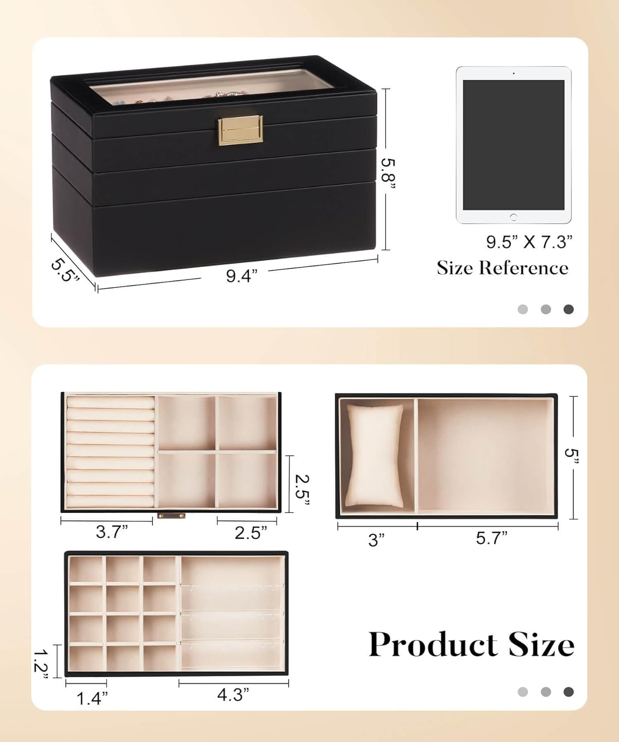 Homde Jewelry Tray Stackable Jewelry Box with Glass Lid, Removable Dividers for Vanity Table - Christmas Gift Idea for Girls and Women (Black)