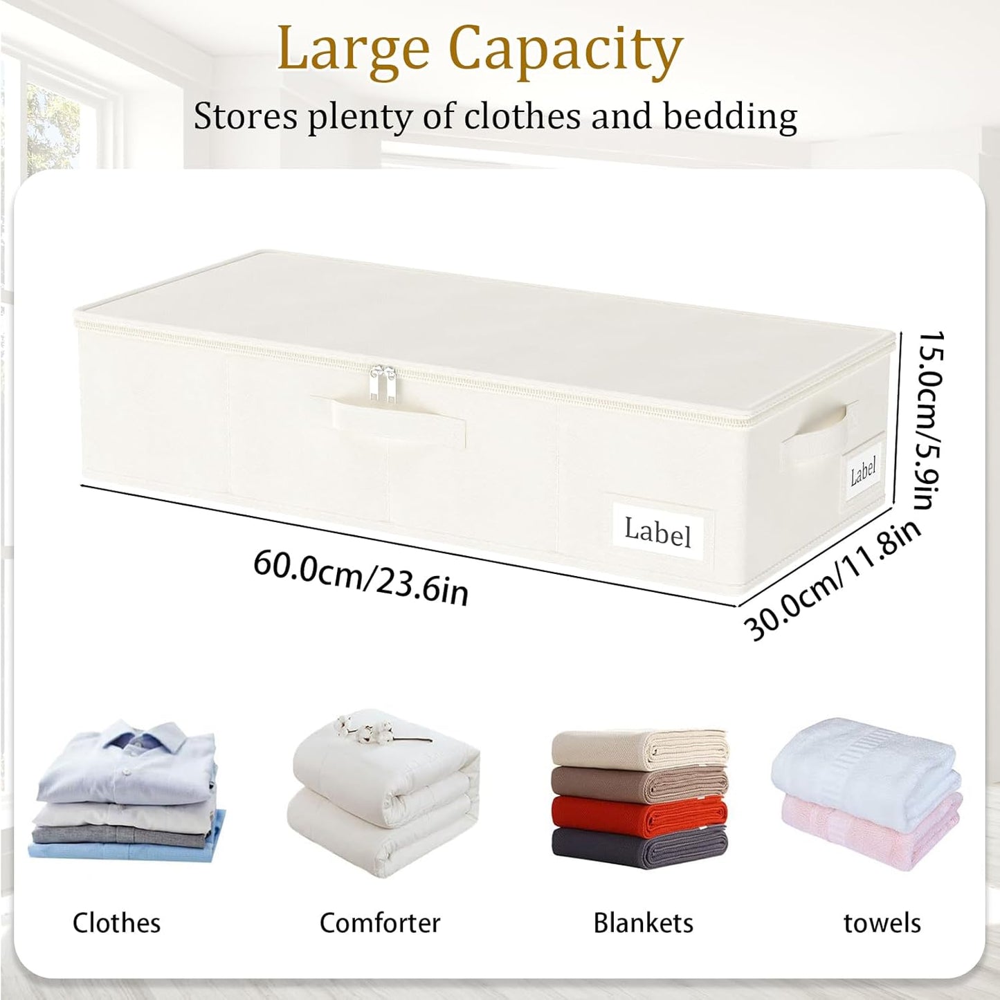 Yawinhe Underbed Bags, Storage Containers Bags with Lid, Foldable Blanket Bins, with Sturdy Zipper und Label Holders, for Clothing, 23.6''Lx11.8''Wx6''H, 4 Pack, Beige