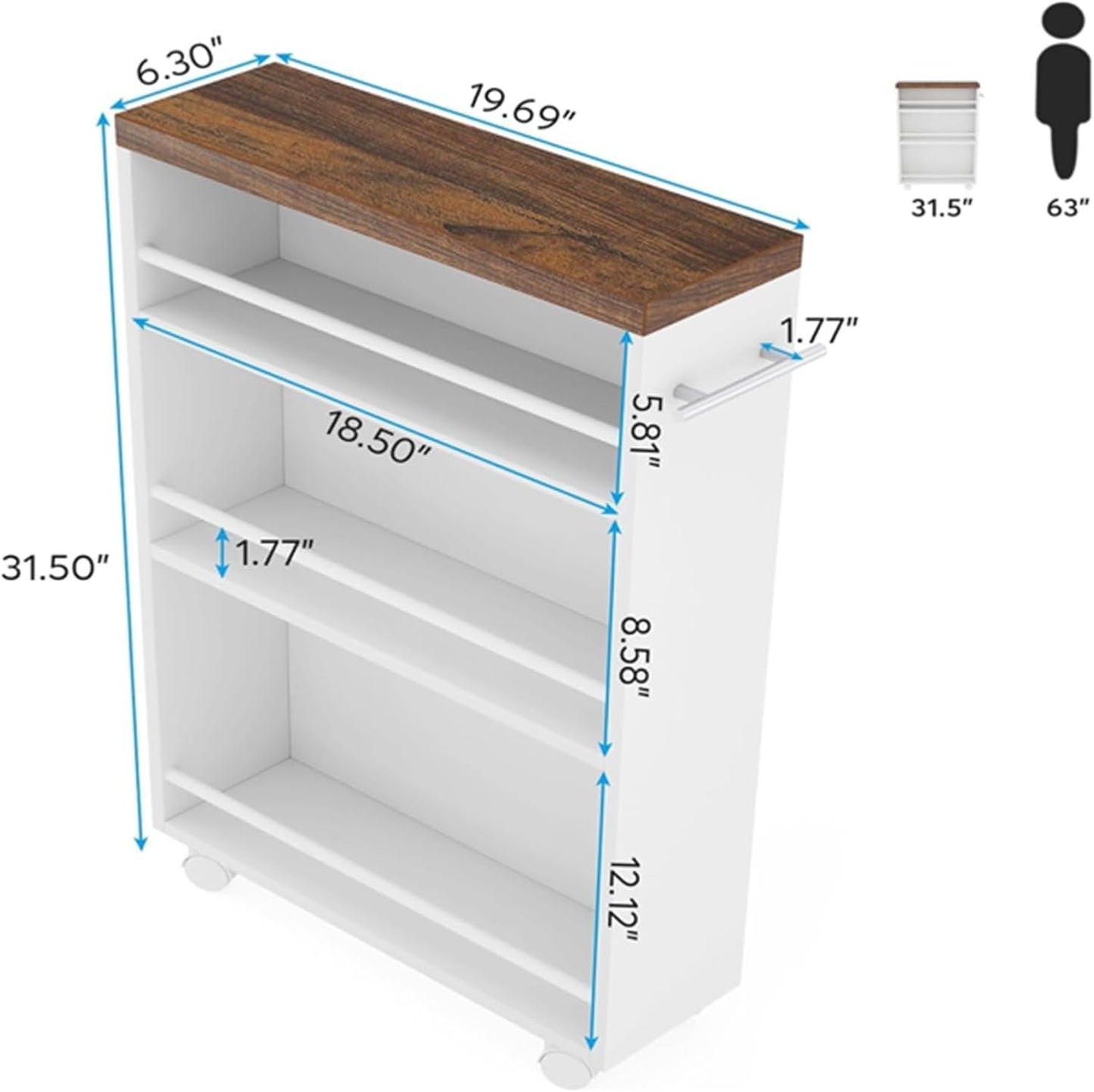 Slim Rolling Storage Cart - 4-Tier Narrow Utility Cart for Small Spaces, Versatile Bathroom, Kitchen & Laundry Room Organizer with Handle on Wheels
