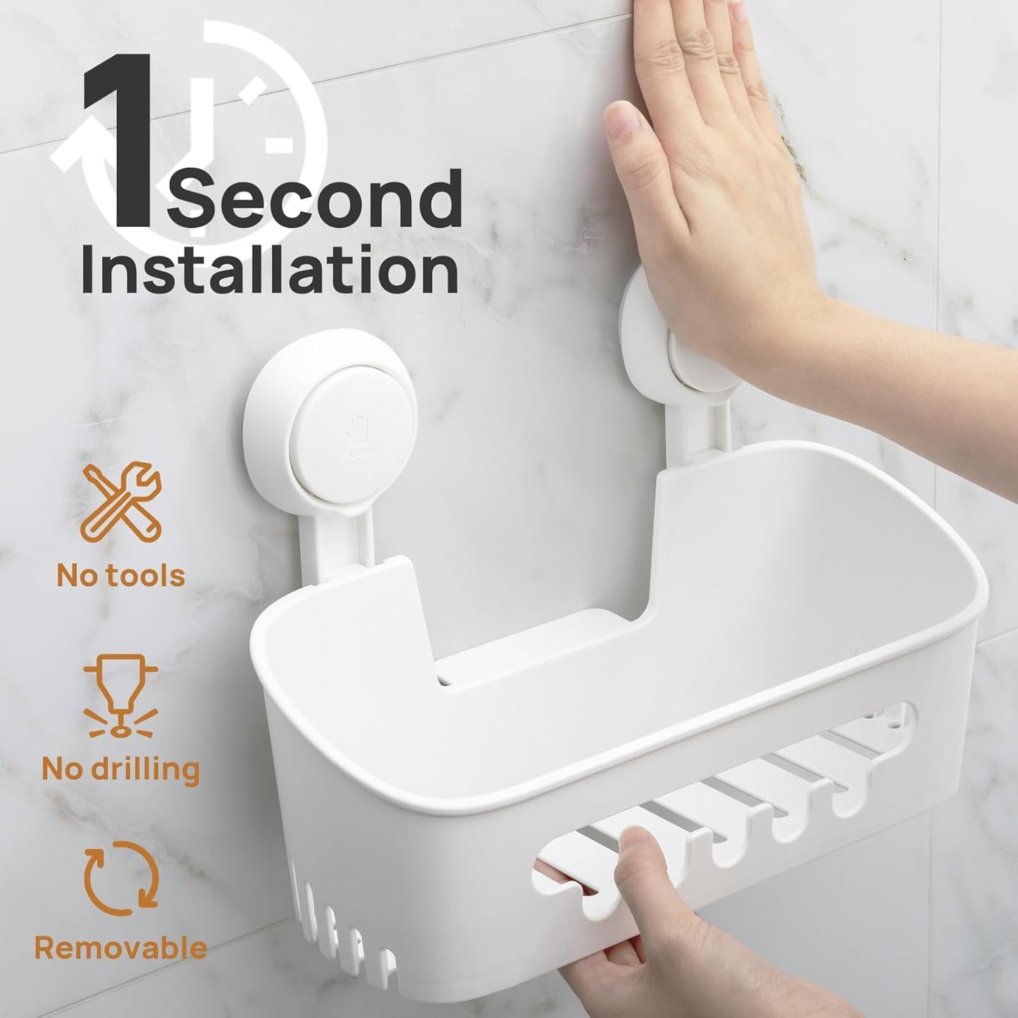 LEVERLOC Shower Caddy Suction Cup Set Shower Organizer & Soap Holder & Toothbrush Holder, Bathroom Shelf Basket NO-Drilling, Removable Suction Storage Waterproof Bathroom Caddy, White