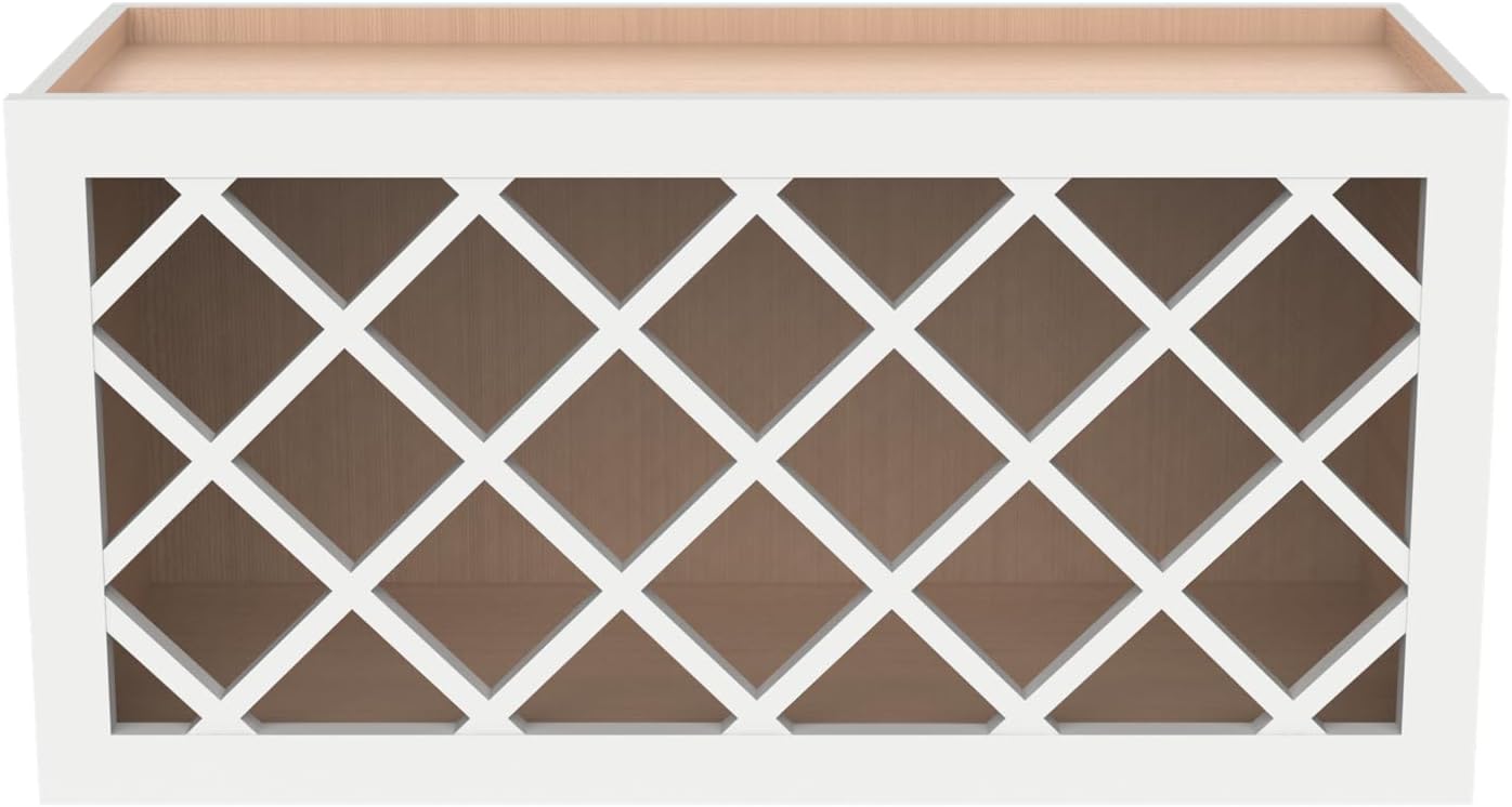 Solid Wood RTA Wall Cabinet Wine Bottle Rack with Lattice Panels - Wine Storage for Bar, Pantry, Cellar & Countertop - Mocha (Origami White, 36'W 12'D 15'H)