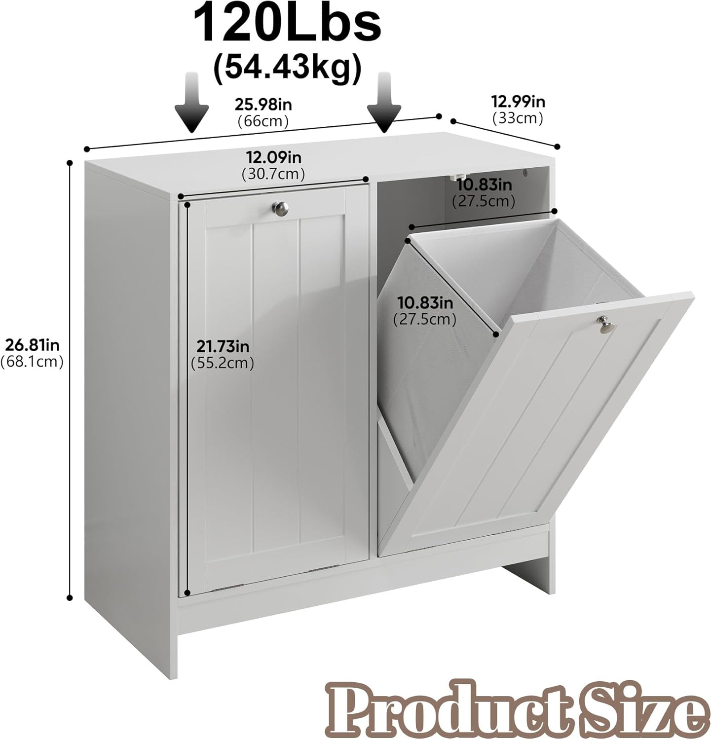 Double Tilt Out Laundry Hamper Cabinet with 2 Baskets, Laundry Cabinet, White, 12.99" D×25.98" W×26.81" H, 2 × 5.9 Gallon