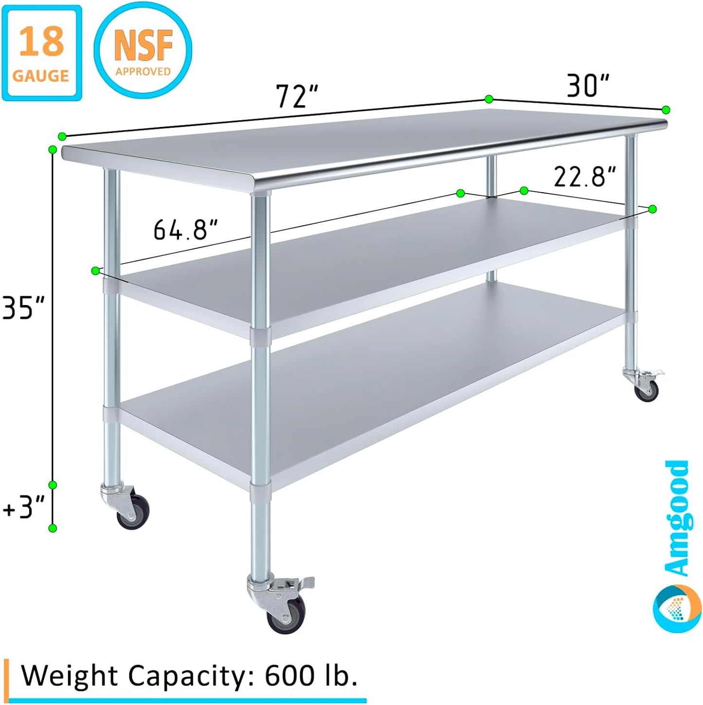 AmGood Stainless Steel Work Table with 2 Shelves and Casters | Metal Utility Table On Wheels (Stainless Steel Work Table with 2 Shelves + Casters, 72" Long x 30" Deep)