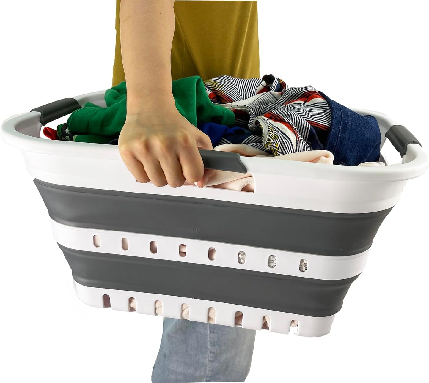 SAMMART Collapsible Plastic Rectangular Laundry Basket - Foldable Pop Up Storage Container/Organizer - Portable Laundry Hamper - Space Saving (White/Steel Grey, 30L)