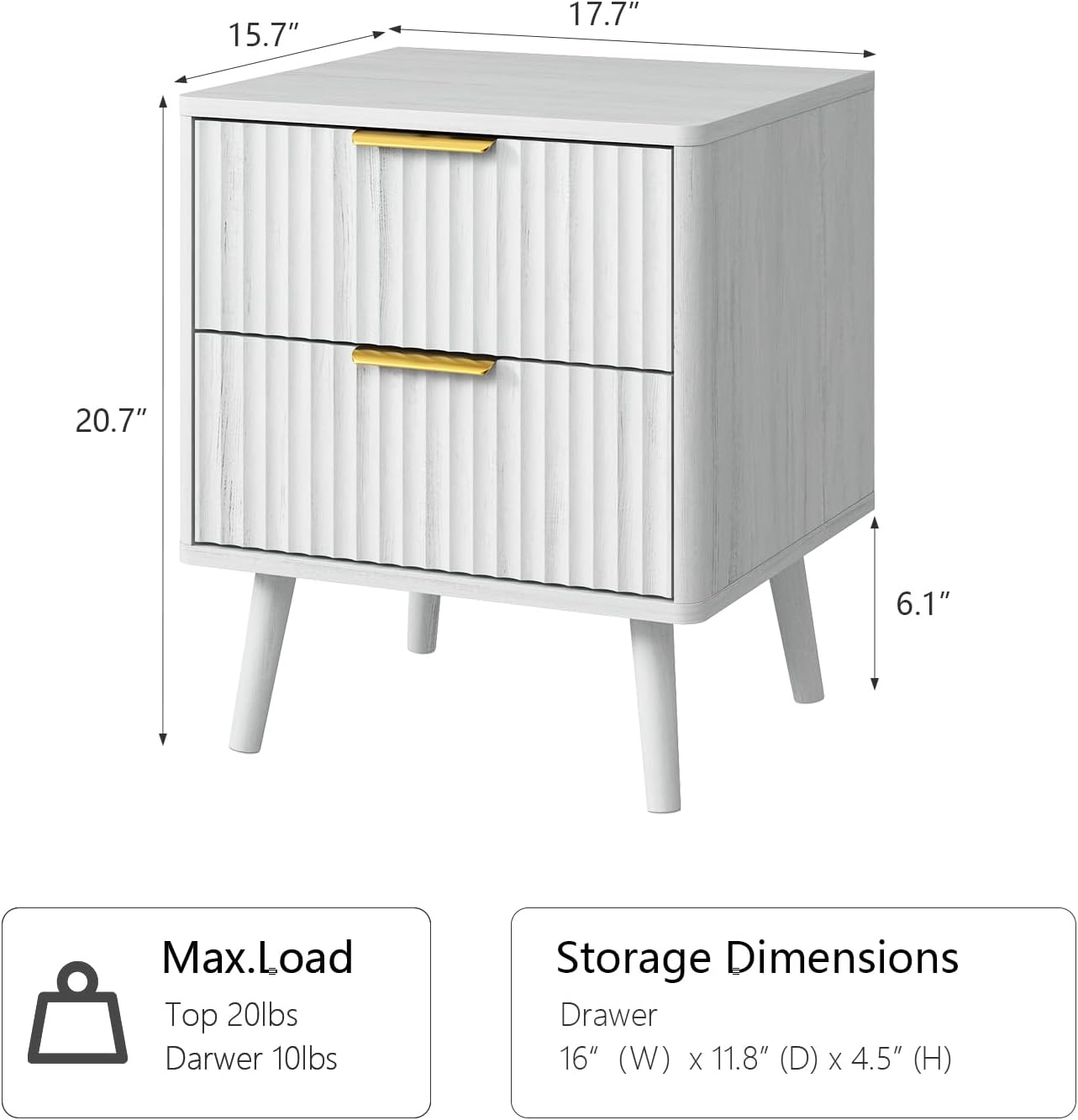 CARPETNAL Fluted Nightstand Set of 2, White Bedside Table with 2 Drawers and Gold Handles, Wood End Table Mid Century Night Stands for Bedroom Living Room