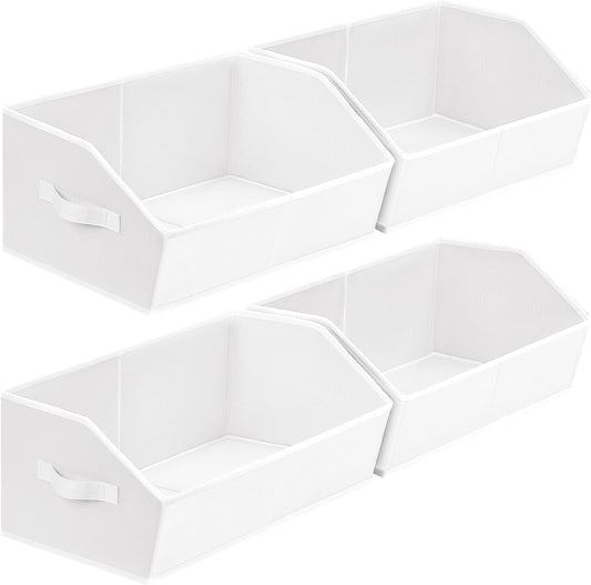 Closet Baskets for Shelves Trapezoid - Decorative Storage Baskets with Handle, Closet Bins for Organization, Shelf Storage Bins for Clothes, Books, Home, Office, 4 Pack, White