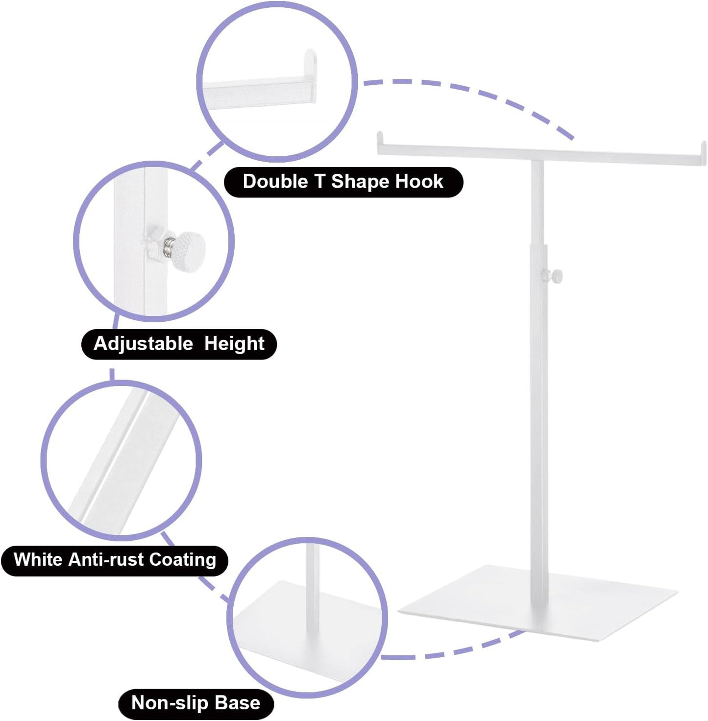Purse Display Stand T Shaped, Countertop Jewelry/Scarf/Handbag T-Bar Display Stand, Tabletop Double Hook Hanging Stands for Long Necklaces, Metal with Adjustable Height - White