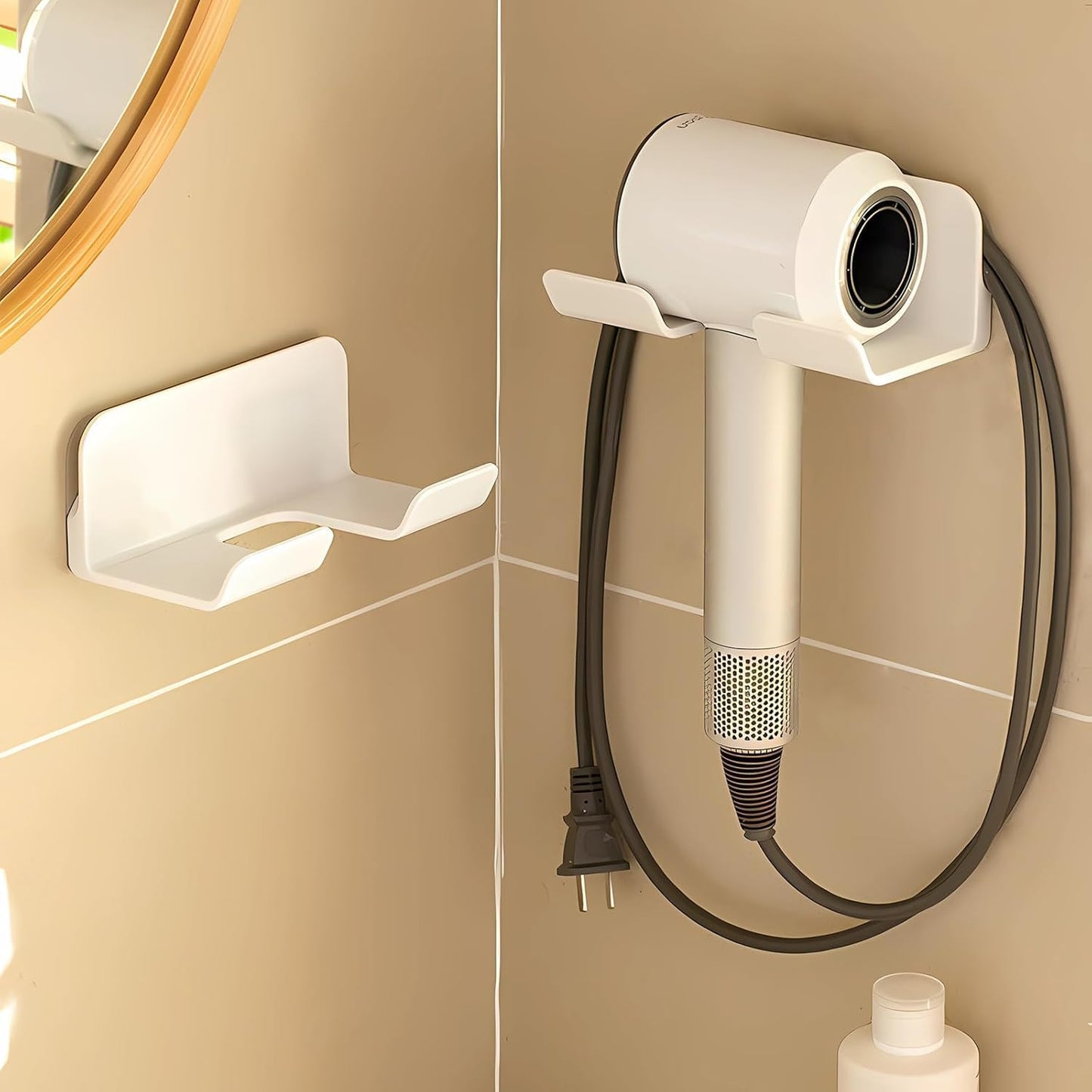 2 Pack Universal Hair Dryer Holder, Self Adhesive Wall Mount Stand for Most Brand/Size Hair Blow Dryer Hair Dryer Organizer Rack with Plug&Wire Hook for Bathroom