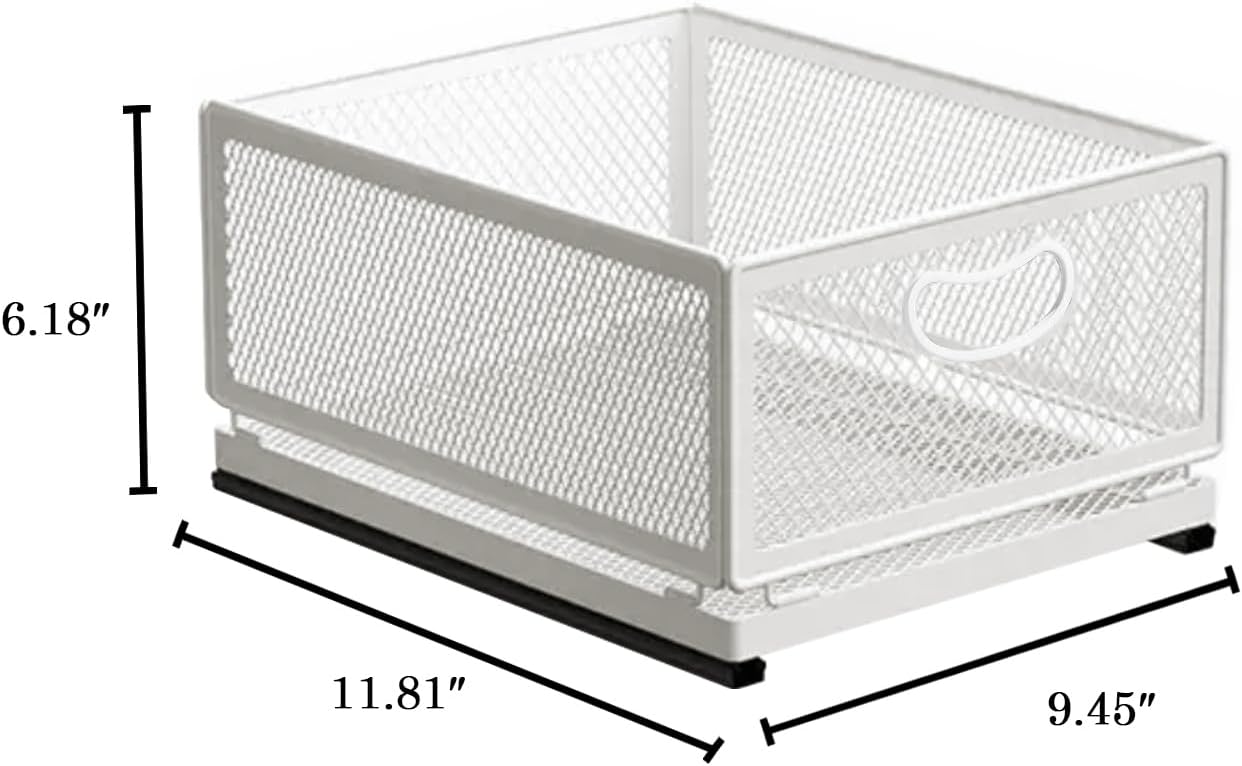 Sliding Cabinet Basket Organizer Drawer Self Adhesive Slide out Pantry Shelves Heavy Duty Carbon Steel Slide Cabinet Storage Basket with Handle for Bathroom Kitchen Home