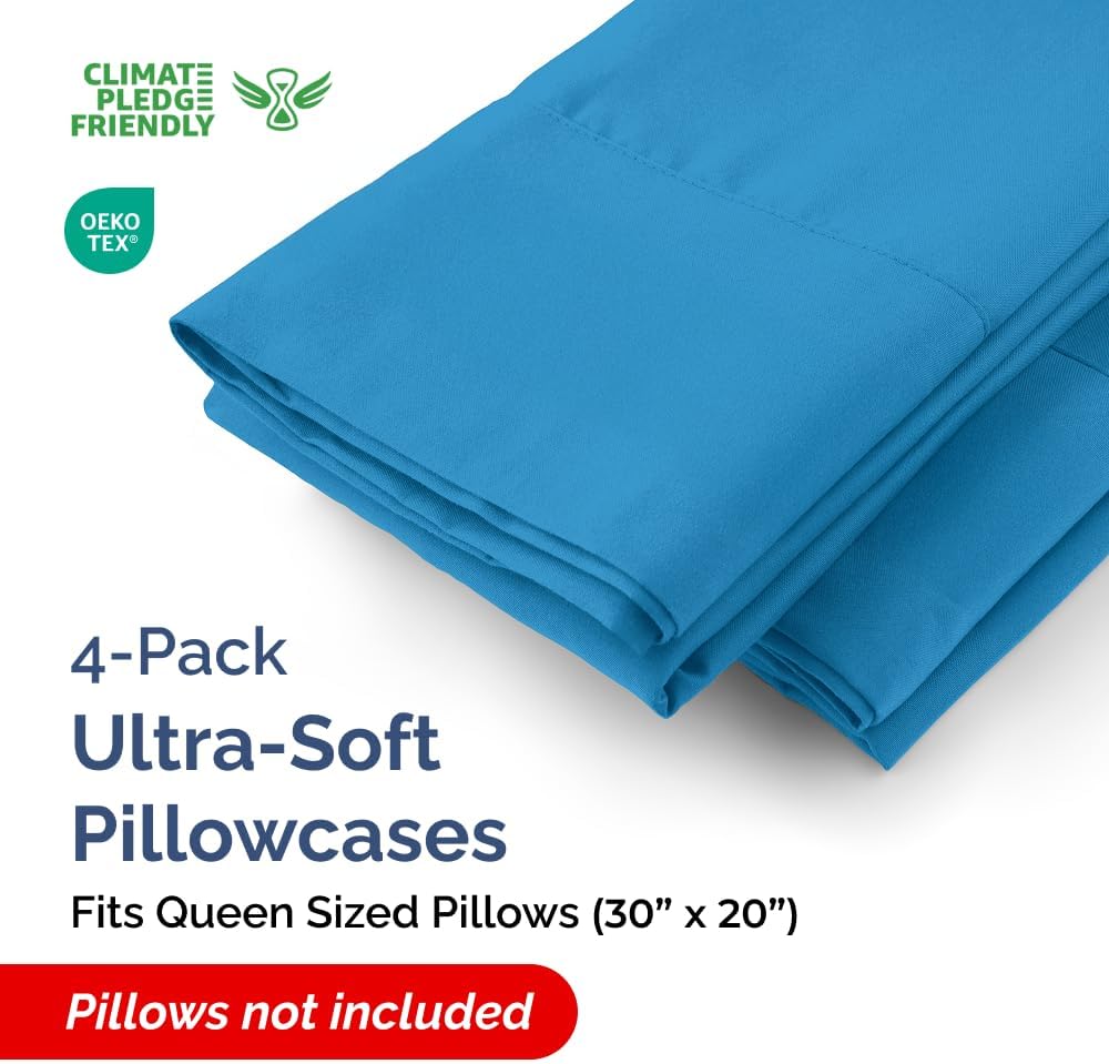 Queen Pillow Cases - 4 Pack - Super Soft Pillowcase Covers - Envelope Enclosure - Hotel Quality Pillow Protectors - Wrinkle Free, Shrink & Stain Resistant - Machine Washable - 20" x 30" (Denim Blue)