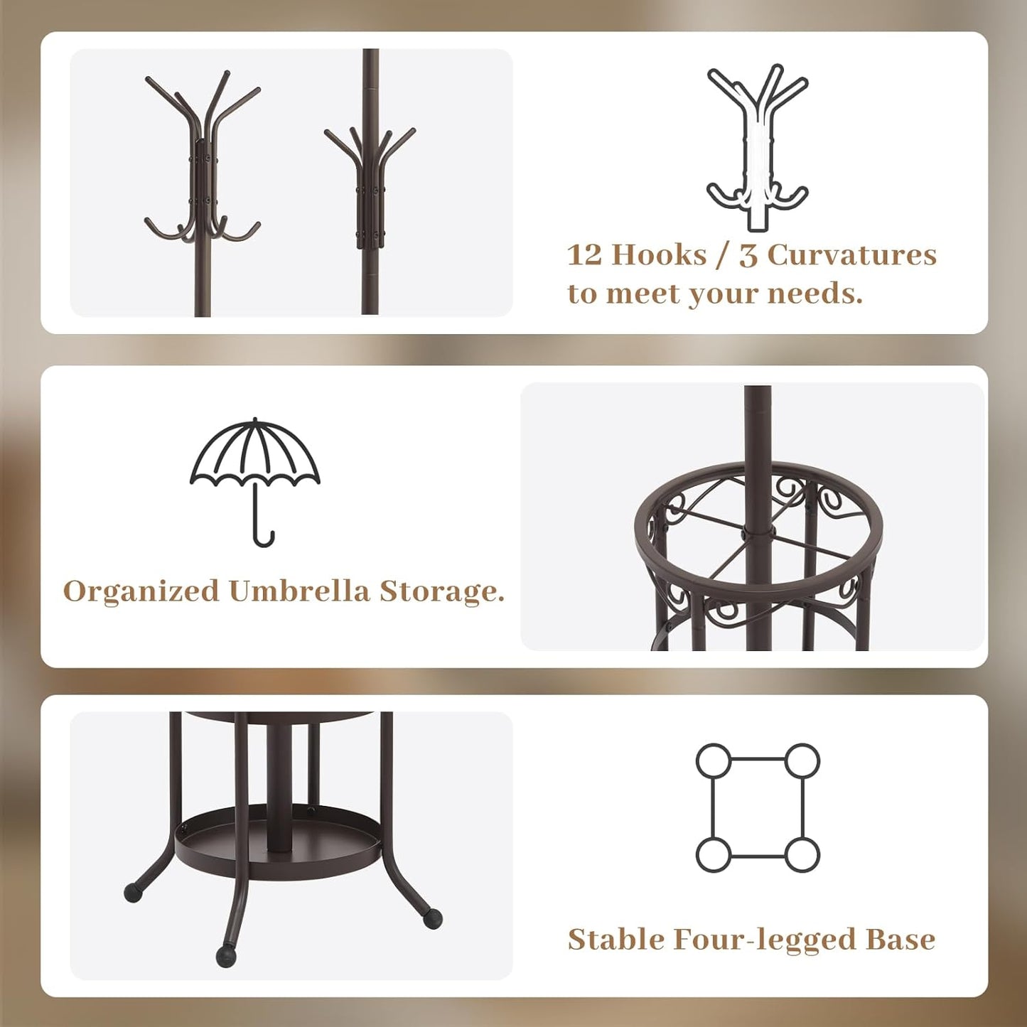 Coat Rack Freestanding With Umbrella Holder – Metal Hall Tree with 12 Hooks, Entryway Organizer for Hats, Bags, and Clothes (Brown)