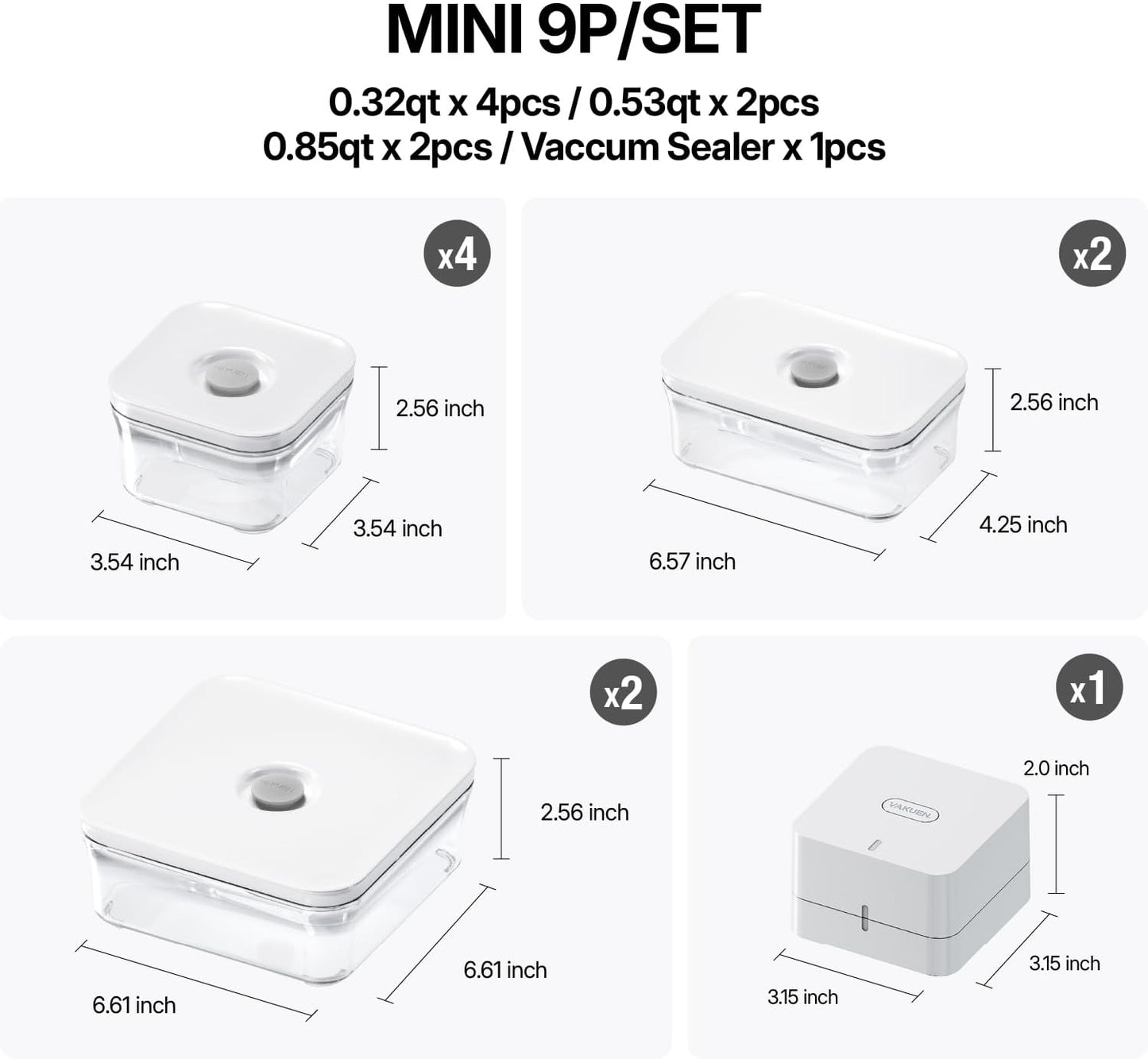 VAKUEN Premium Airtight Food Storage Containers, Mini 9P/SET include Vacuum Sealer, Smart One-Click Seal Lid, No Hinges, 100% Leak Proof, BPA-FREE, Dishwasher, Freezer & Microwave Safe