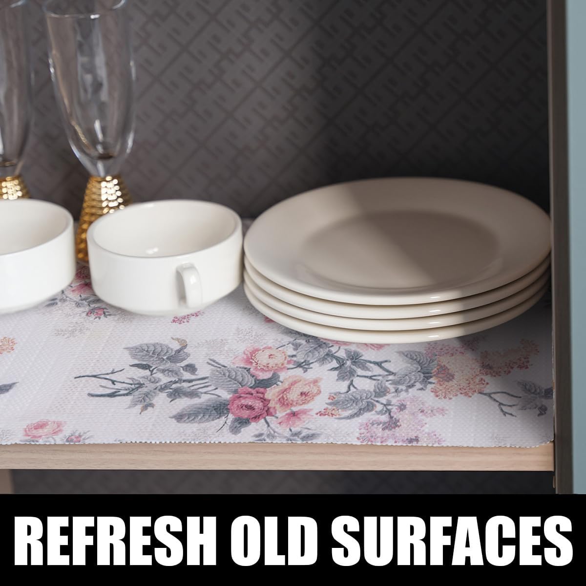 Drawer and Shelf Liner for Cabinets, 12IN x 20FT Non-Adhesive and Strong Non-Slip Vintage Floral Shelf Cabinet Drawer Liners for Kitchen,Table,Bookshelves,Waterproof Cupboard Liners