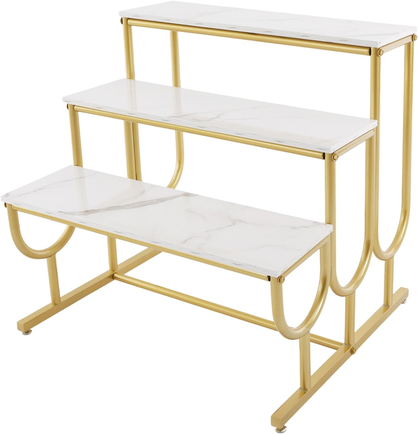 Metal Shoe Handbag Display Stand, 3 Tier Heavy Duty Display Riser Shelf, Modern Retail Display Table, Carbon Steel and Solid Wood, Gold