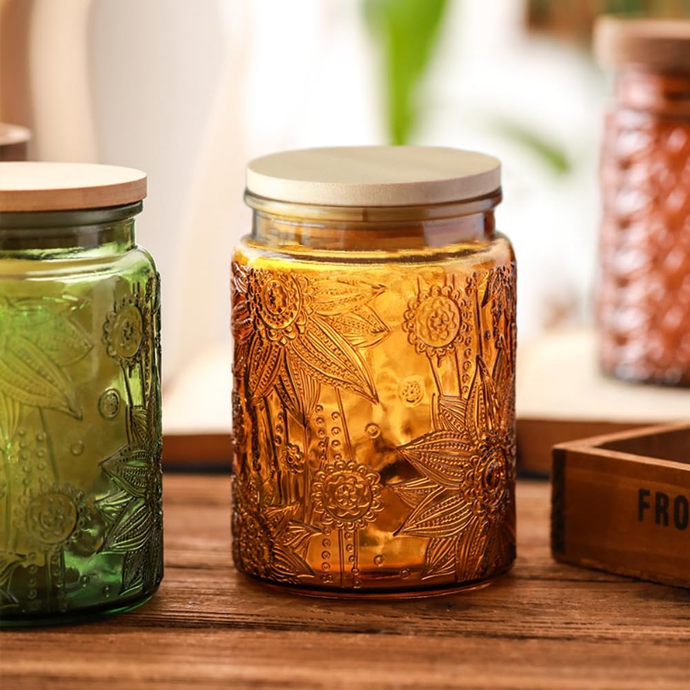 ANSQU Set of 2 Vintage Glass Kitchen Storage Jars, 23.7 FL OZ Gass Jar with Airtight Lid, Vintage Mason Jars for Home Kitchen Coffee Tea Sugar Cookie Candy Jars (Yellow, 2 Pack)