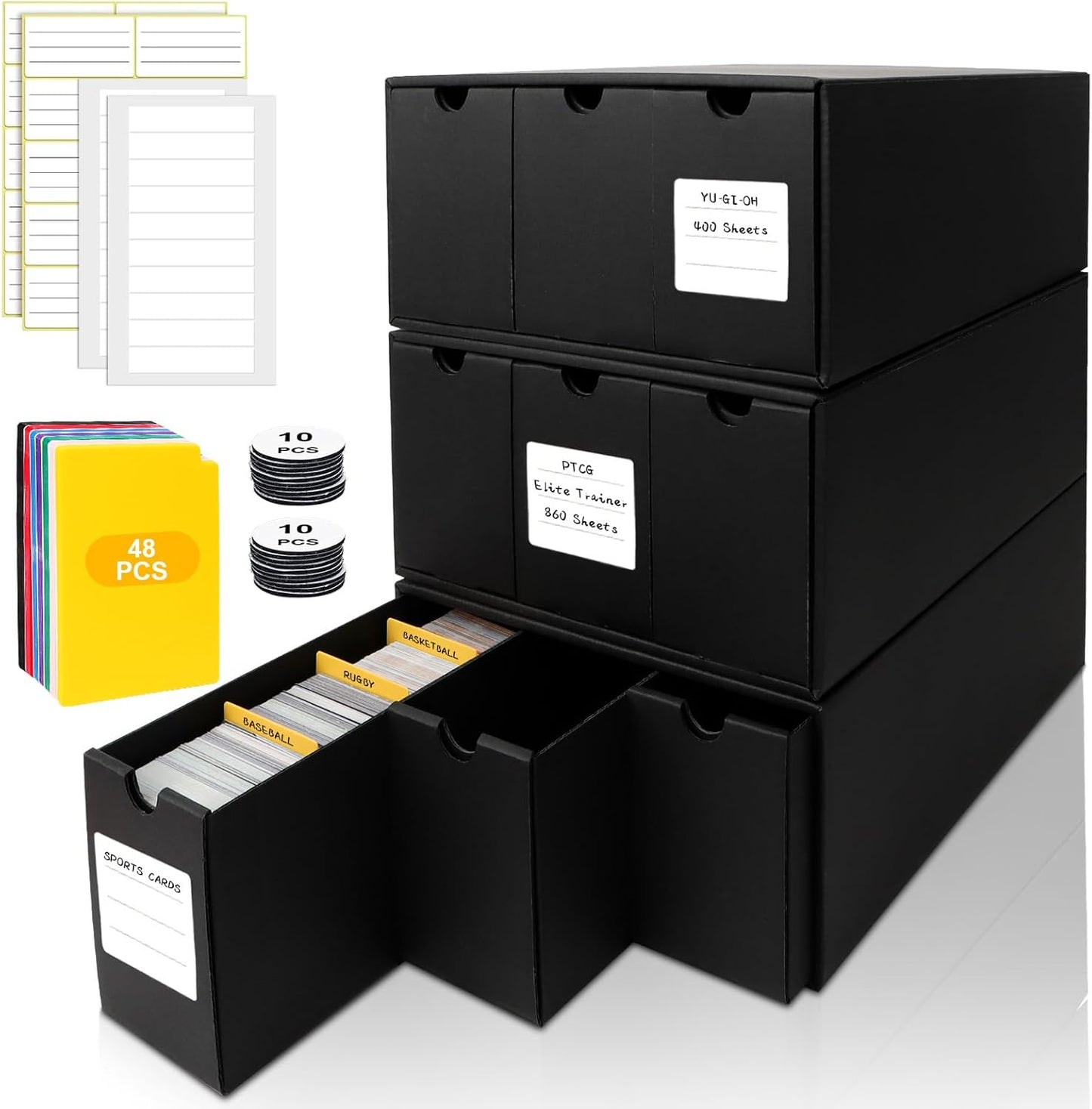 Trading Card Storage Box, Includes 9-600 CT Boxes & 48 Card Dividers, 9000+ Trading Card Organizer for Collectible Card Games, for TCG, YGO, MTG, PTCG, Baseball Cards, with Labels & Tapes