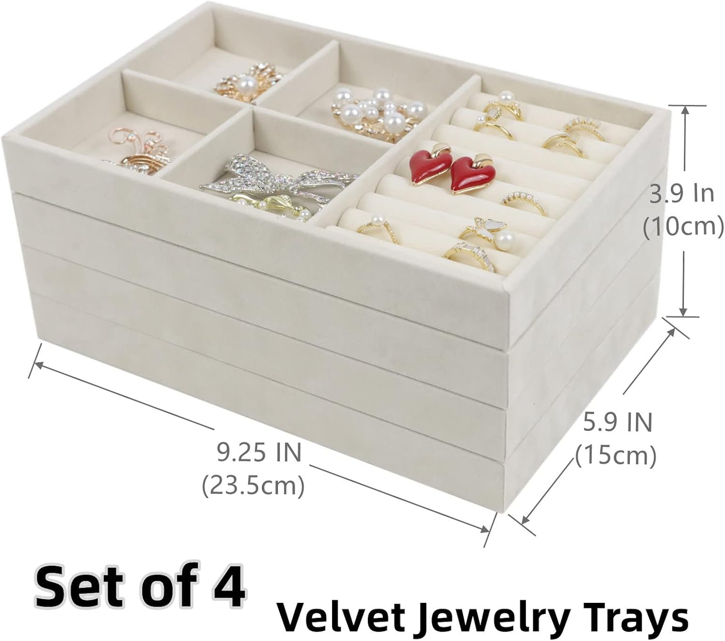 Set of 4 Stackable Jewelry Trays Organizer, Velvet Earring Organizer, Jewelry Organizer Showcase Display Drawer Organizer Storage, Earring Holder Necklace Bracelet Ring Accessary Organizers (Beige)