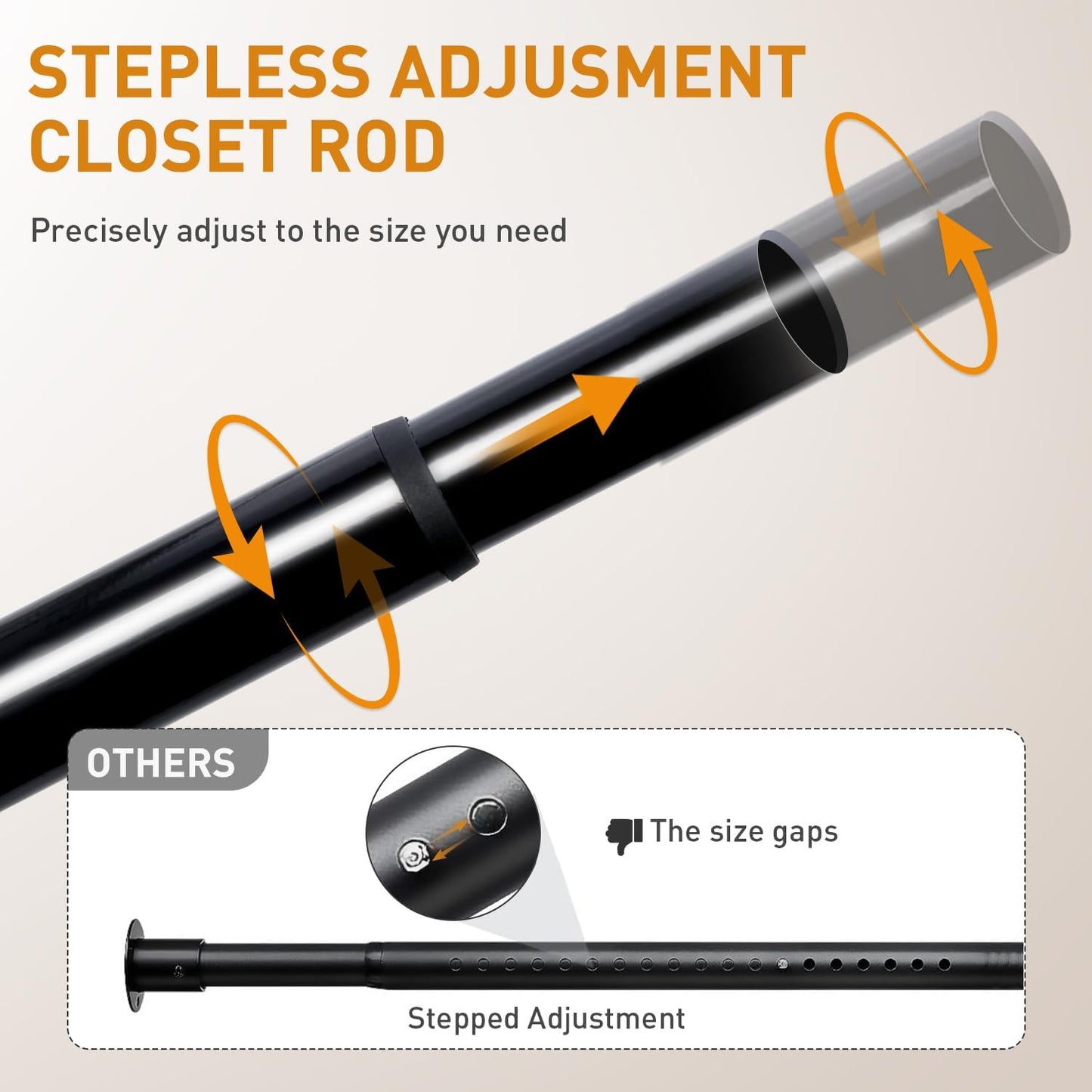 Black Adjustable Closet Rod 18-48 Inches, Heavy Duty Metal Clothes Hanging Rod, Rust-Proof Non-Slip Wardrobe Bar for Closet, Laundry Room, RV