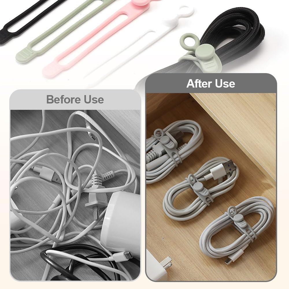 Data Cable Organizer, Silicone Cable Ties Reusable - Elastic Cord Organizer for Electronics, Adjustable Wire Ties for Cable Management,Computer Wires,Phone Charger,Earphone,Home Office (Gray, 20PCS)