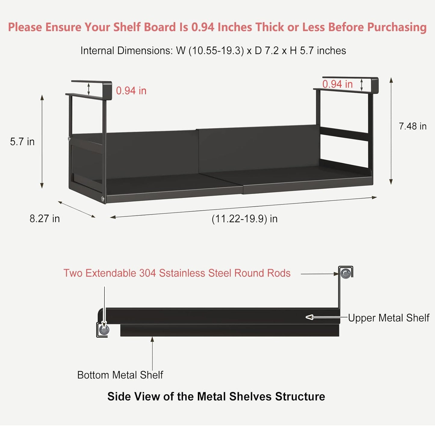 Expandable Under Cabinet Shelf Organizer with 0.94-Inch Thick Clips, Heavy Duty Extendable Under Shelf Storage Basket for Pantry or Laundry Room, Black, 2 Pack, Interior: 5.7" H x 7.2" D