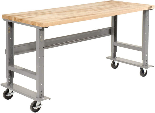 Global Industrial Mobile Adjustable Height Workbench, Maple Butcher Block Square Edge, 72" W x 30" D, Gray