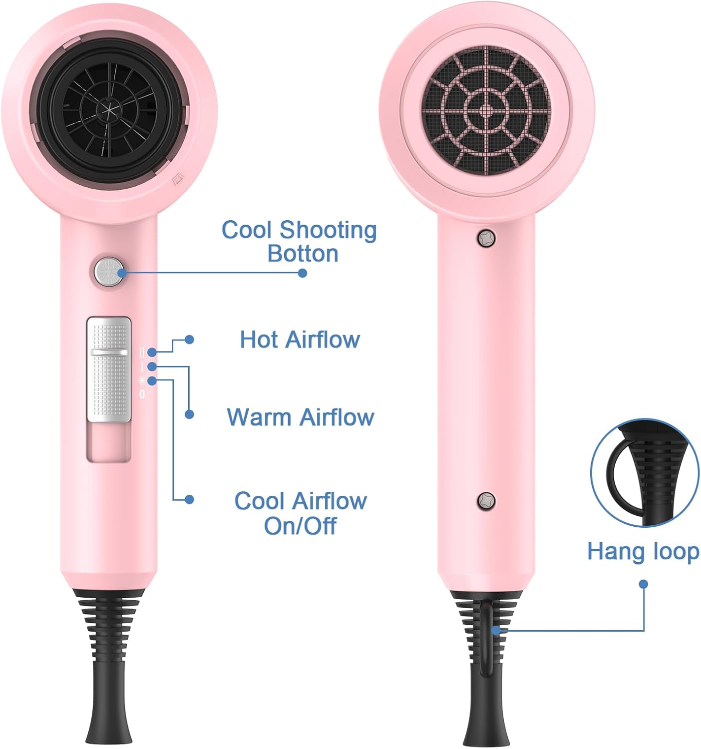 slopehill Professional Ionic Hair Dryer, Powerful 1800W Fast Drying Low Noise Blow Dryer with 2 Concentrator Nozzle 1 Diffuser Attachments for Home Salon Travel (Pink)