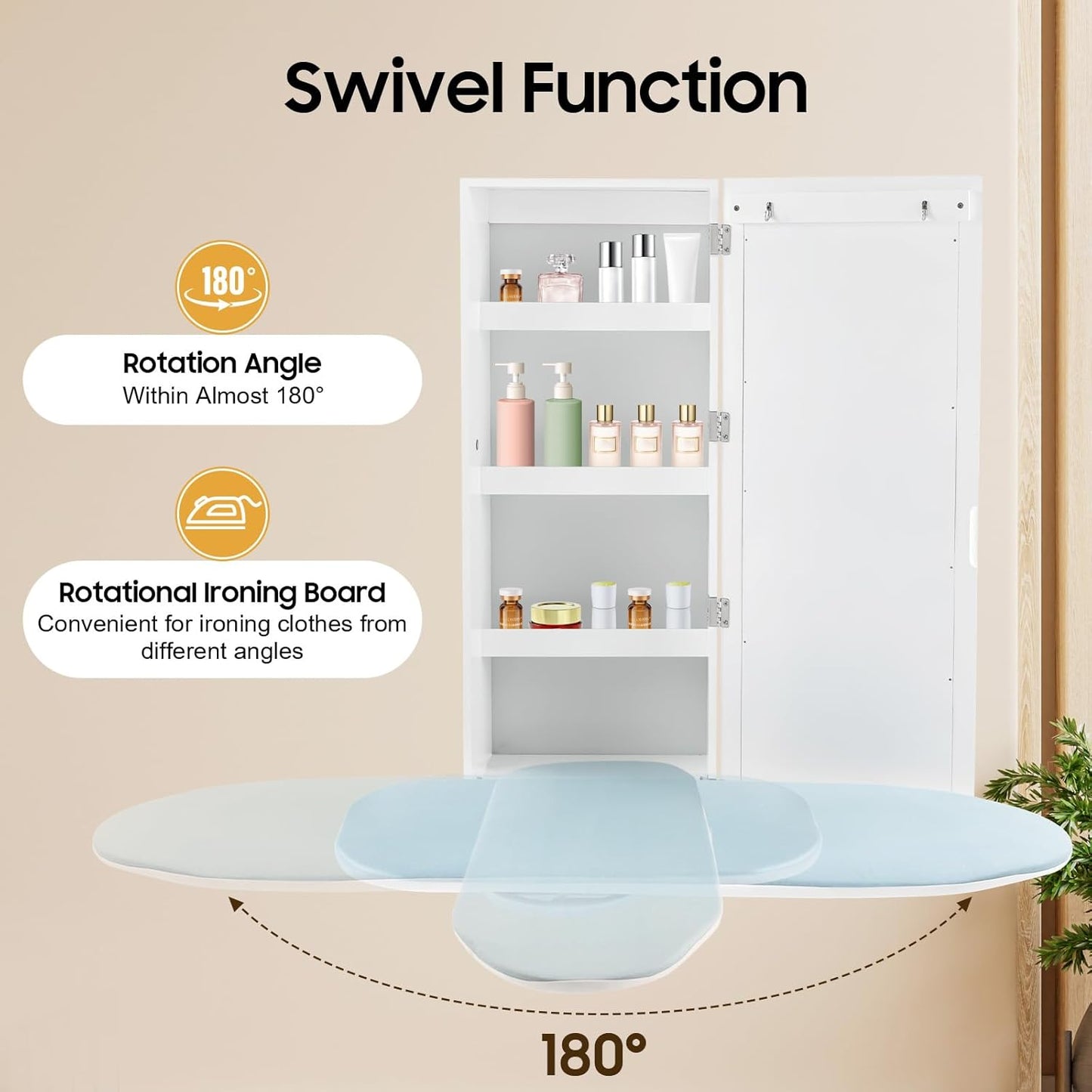 Wall Mount Ironing Board Cabinet, 14 * 8.1 * 37.5inch Built-in Swivel Ironing Board Foldable with Storage, Ironing Table Closet with 180° Rotatable Ironing Table for Home, Apartment & Small Spaces