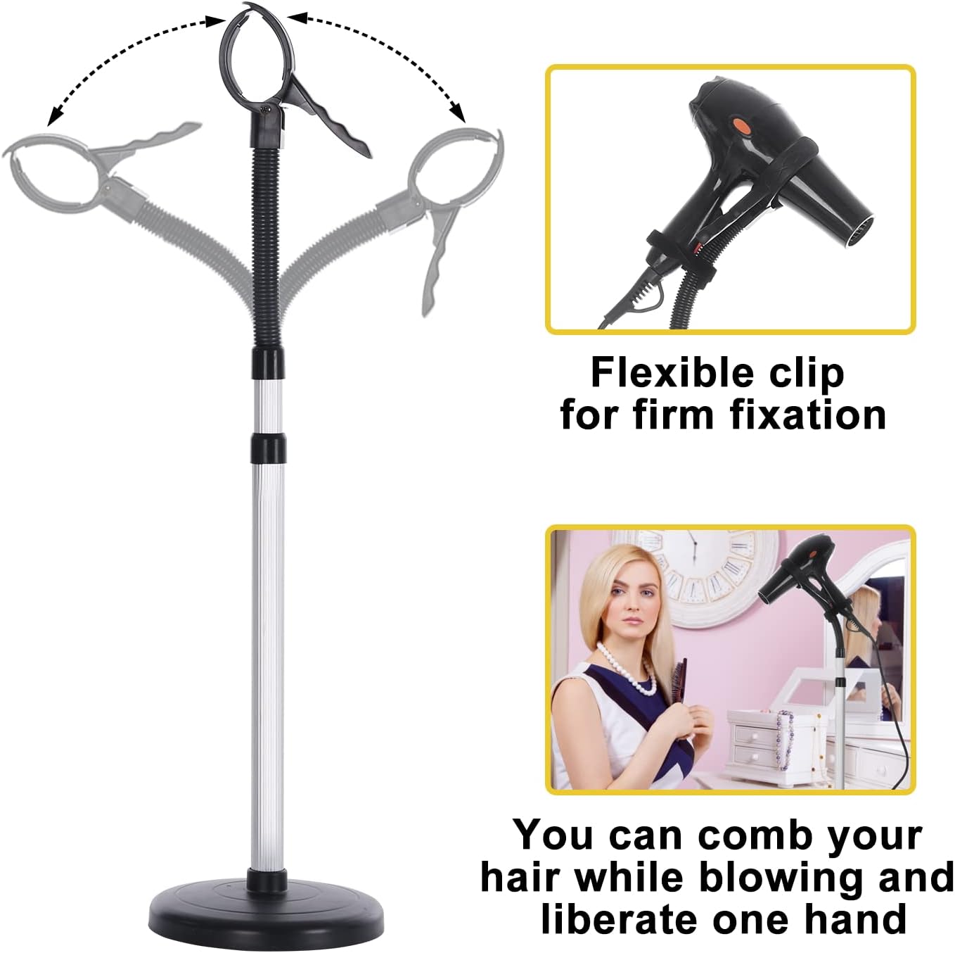 Erytlly Hair Dryer Stand Hands Free 360-Degree Rotating Adjustable Height Metal Hair Dryer Stand Blow Dryer Holder for Bathroom, Vanity, Makeup Room