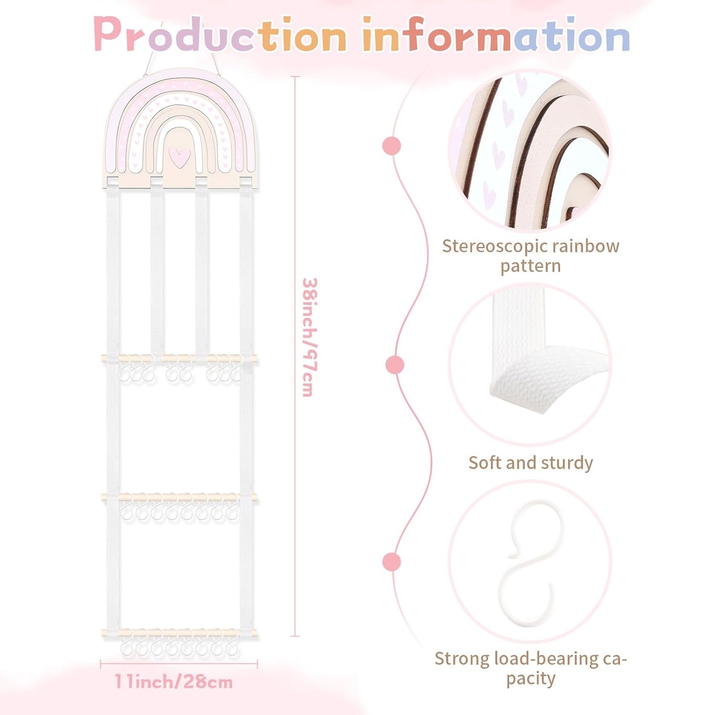 POVETIRE Headband Holder Bow Holder for Girls Hair Bows,Rainbow Hair Accessories Organizer Storage Wall Hanging Display for Nursery Toddler Girls Room (Pink-Rainbow-2)