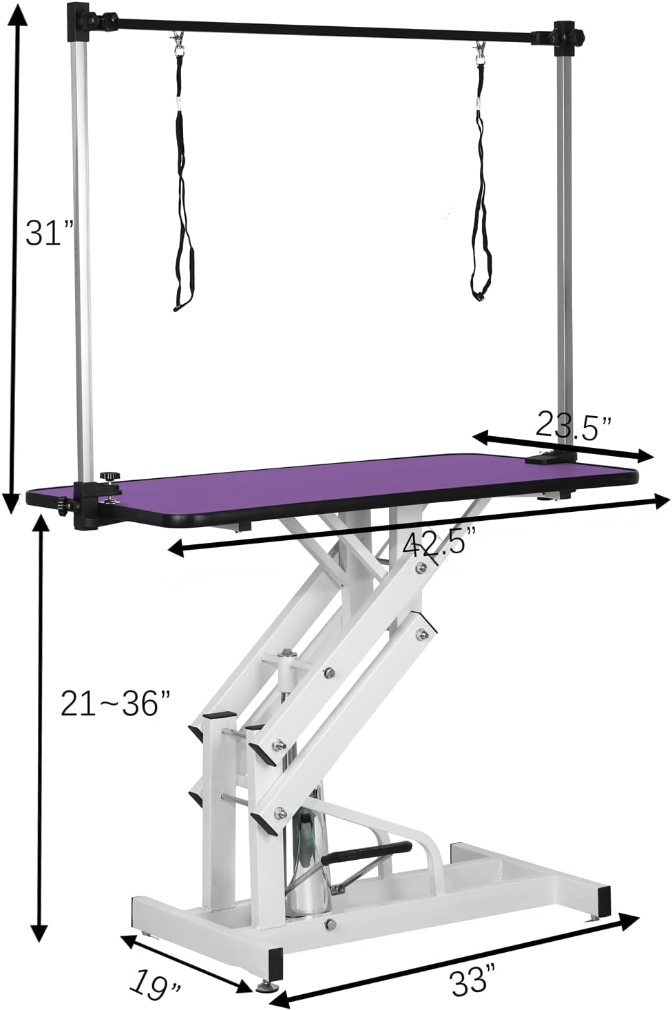 Hydraulic Dog Pet Grooming Table, 42 Inch Heavy Duty Z Lift Structure Professional Dog Grooming Table Suitable for Large Dogs at Home with Adjustable Overhead Arms, Clamps and 2 Grooming Noose, Purple
