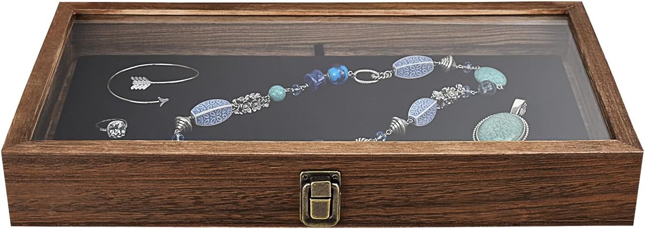 MOOCA 2 Pcs Wooden Jewelry Display Case Tempered Glass Top Lid, Gemstone Display Case, Pocket Knife Case with Metal Clasp & Removable Black Luxurious MDF Velvet Jewelry Pad, Brown Color