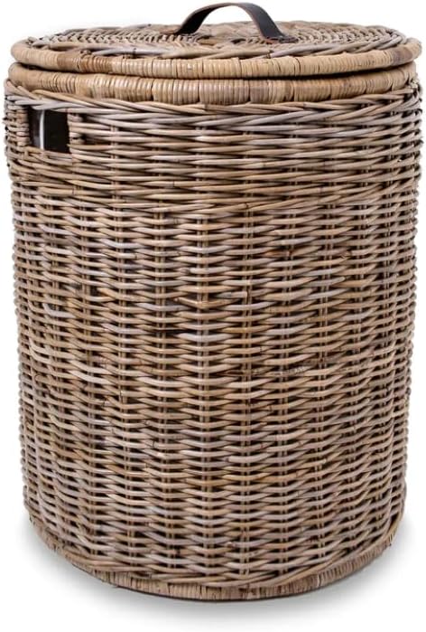 The Basket Lady Round Wicker Laundry Hamper, Large, 19 in Dia x 25 in H, Serene Grey…