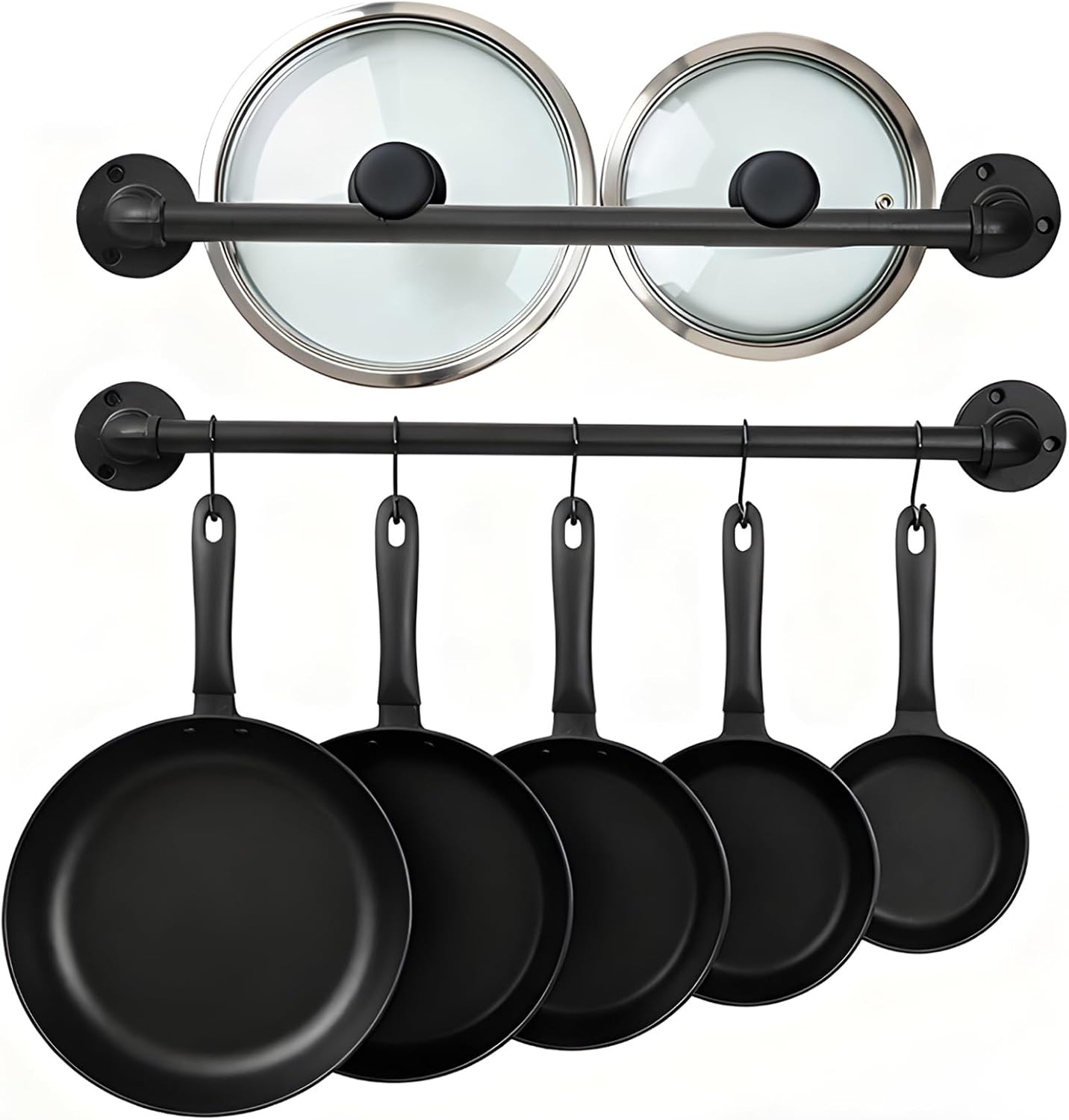 Pan Pot Lid Organizer Set of 2 Wall Mounted Industrial Pipe Kitchen Hanger Rack For Pan Pot Lid Utensils Mugs Kitchen Storage Hanging Bar With 10 Hooks