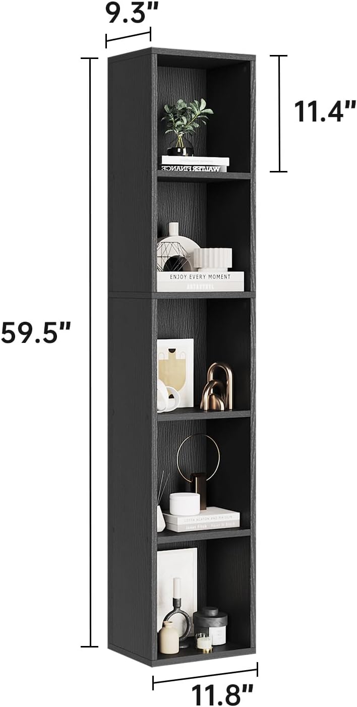oneinmil Tall Narrow Bookshelf, 5-Tier Cube Display Rack, Modern Corner Bookshelf with Storage Space, CD Storage Cabinet for Home Office (Black 1 Pack, 5-Tier)