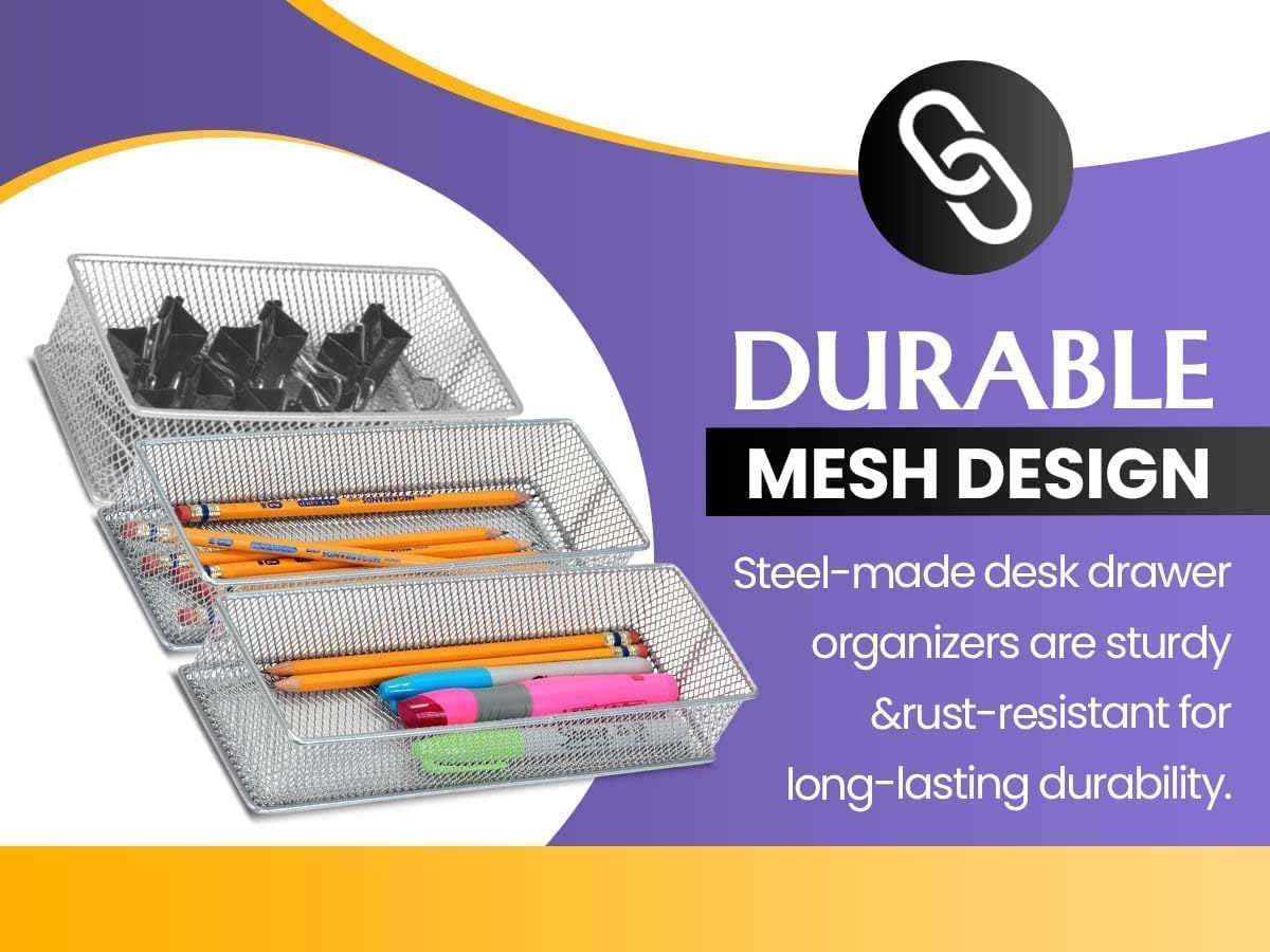 YBM HOME Silver Mesh Drawer Cabinet and or Shelf Organizer Bins, School Supply Holder Office Desktop Organizer Basket (2, 3x12x2 Inch)