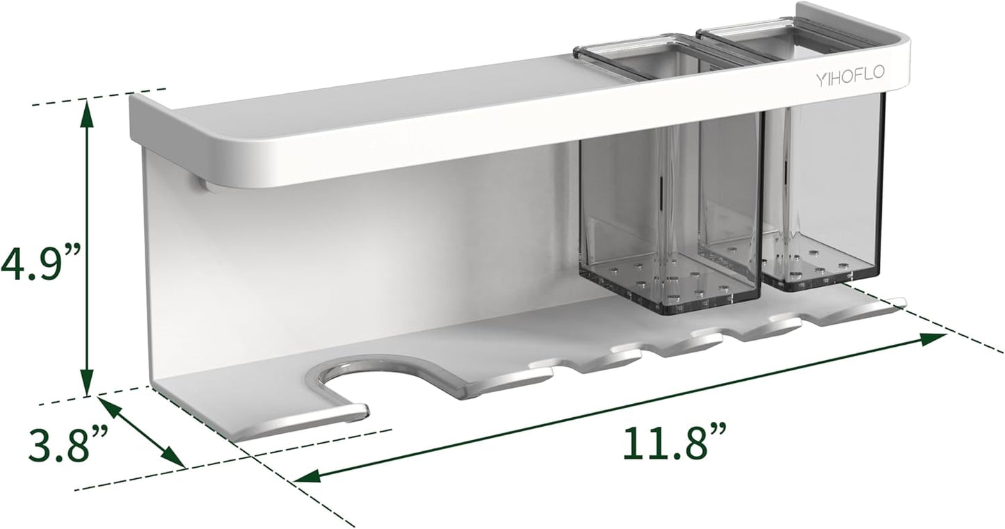 Hair Dryer Holder Wall Mounted Adhesive/Drilling, Hair Dryer Storage Organizer with Shelf & Hooks for Bathroom, Blow Dryer Holder, Hair Tool Organizer (White)